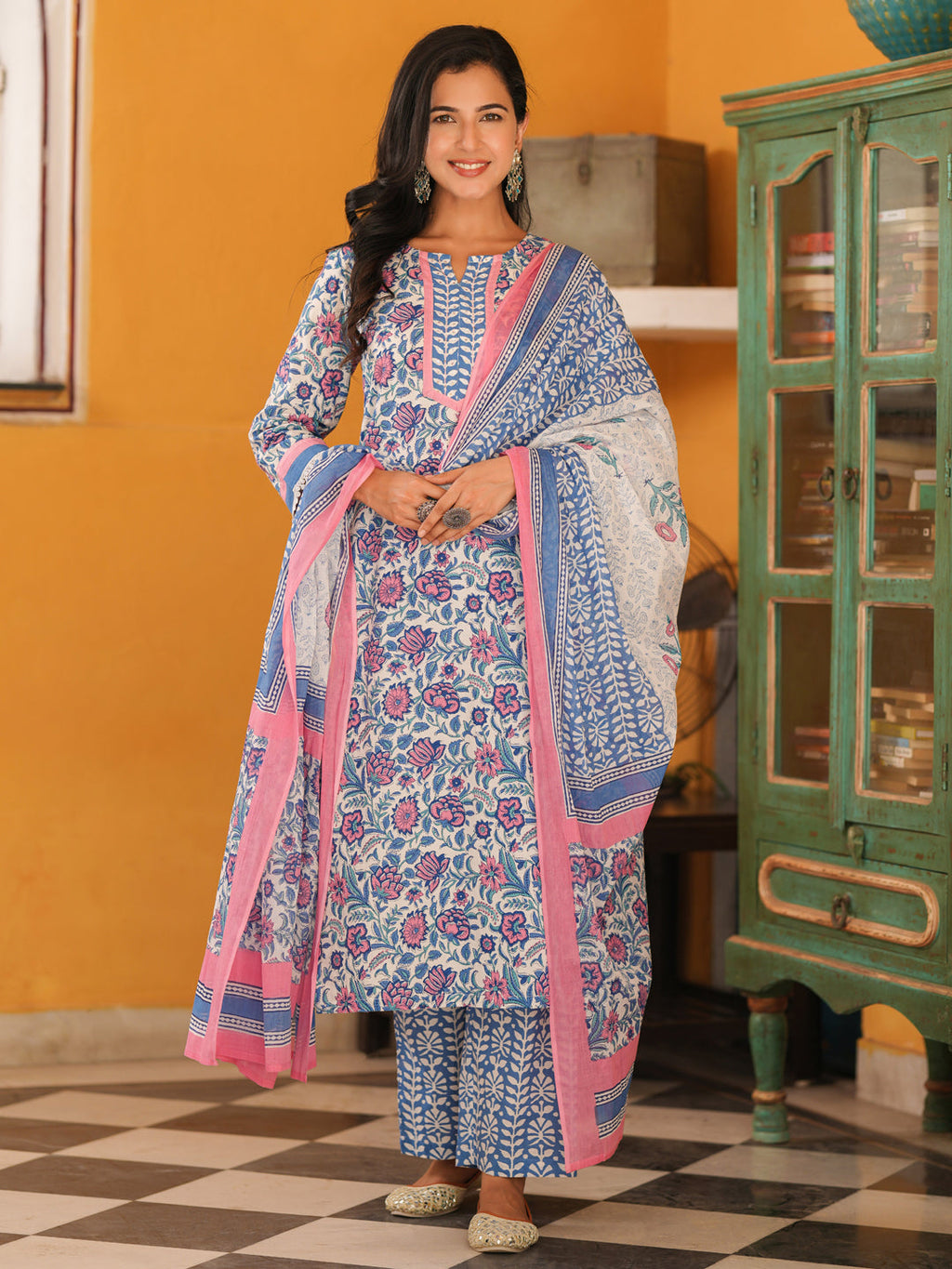 Women Floral Printed Cotton Straight Kurta with Trousers & Dupatta