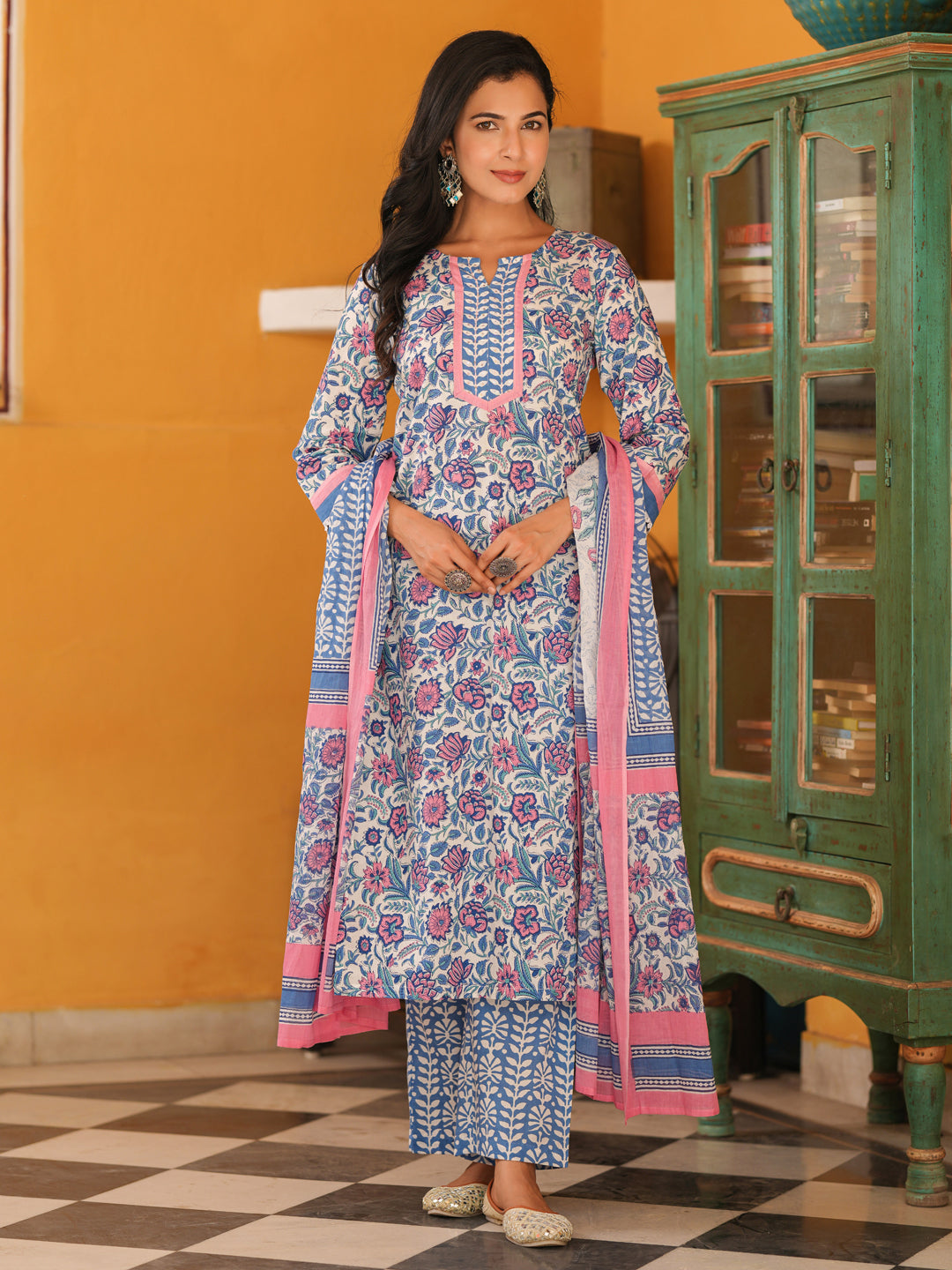 Women Floral Printed Cotton Straight Kurta with Trousers & Dupatta