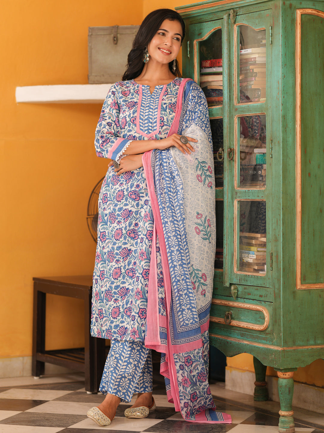 Women Floral Printed Cotton Straight Kurta with Trousers & Dupatta
