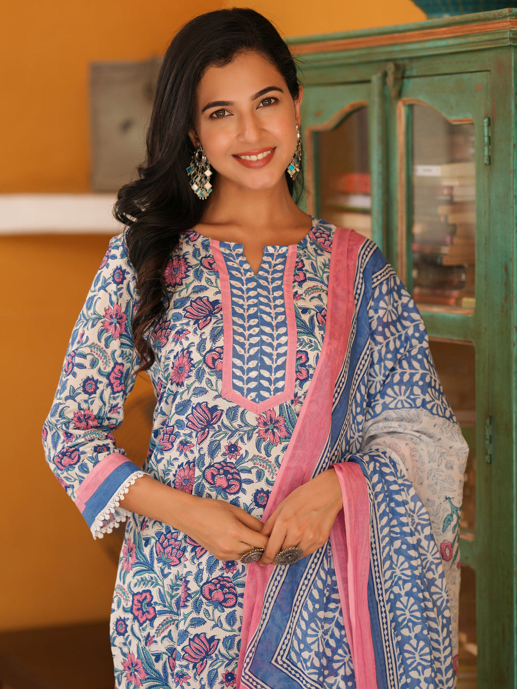 Women Floral Printed Cotton Straight Kurta with Trousers & Dupatta