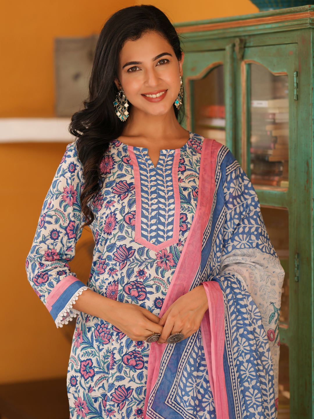 Women Floral Printed Cotton Straight Kurta with Trousers & Dupatta