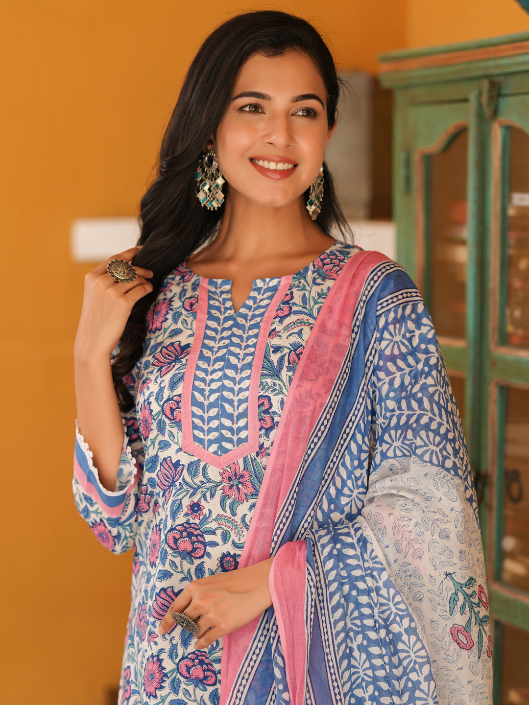 Women Floral Printed Cotton Straight Kurta with Trousers & Dupatta