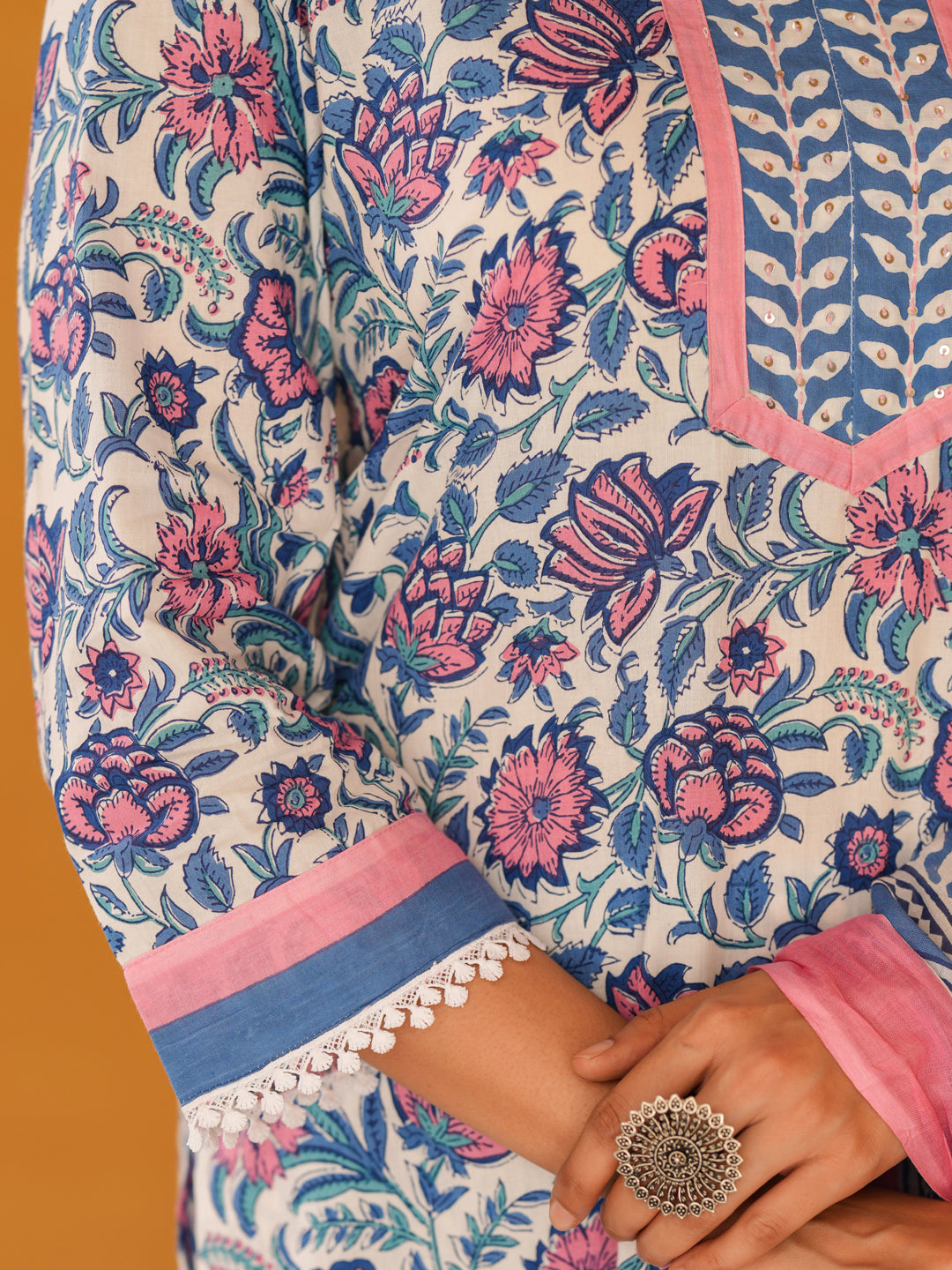 Women Floral Printed Cotton Straight Kurta with Trousers & Dupatta
