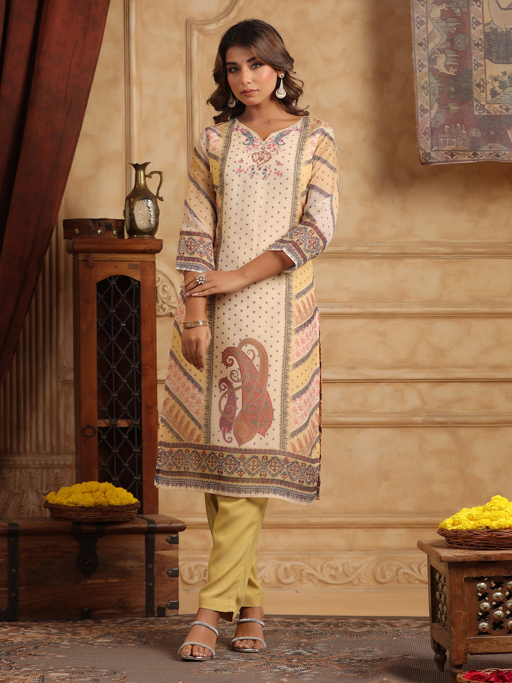 Printed Beads and Stones Straight Kurta with Trousers & Dupatta