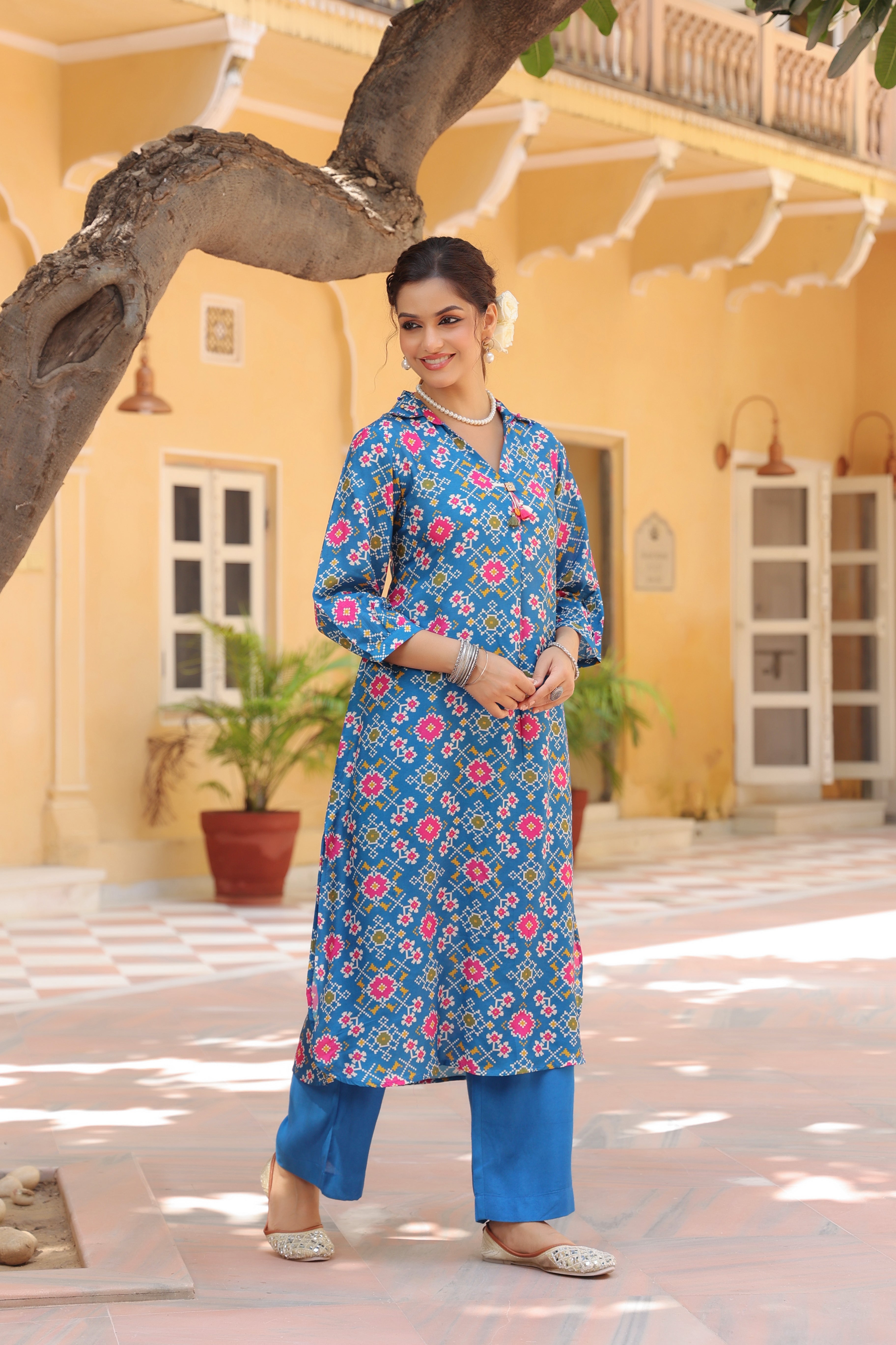 Printed Shirt Collar Tunic With Trouser