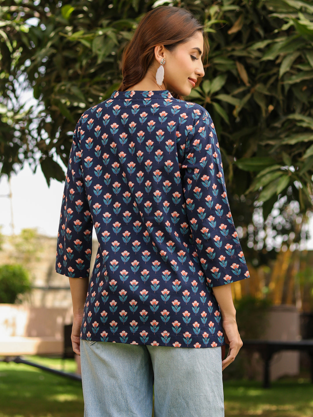 Women Ethnic Motifs Mandarin Collar Pure Cotton Top