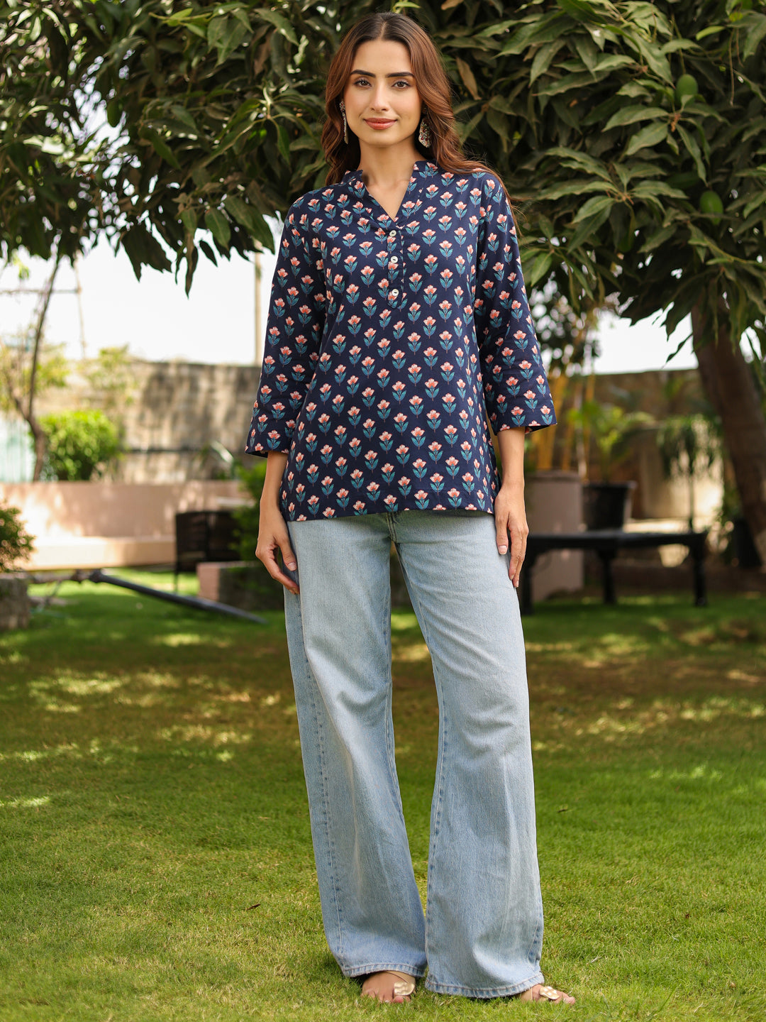 Women Ethnic Motifs Mandarin Collar Pure Cotton Top