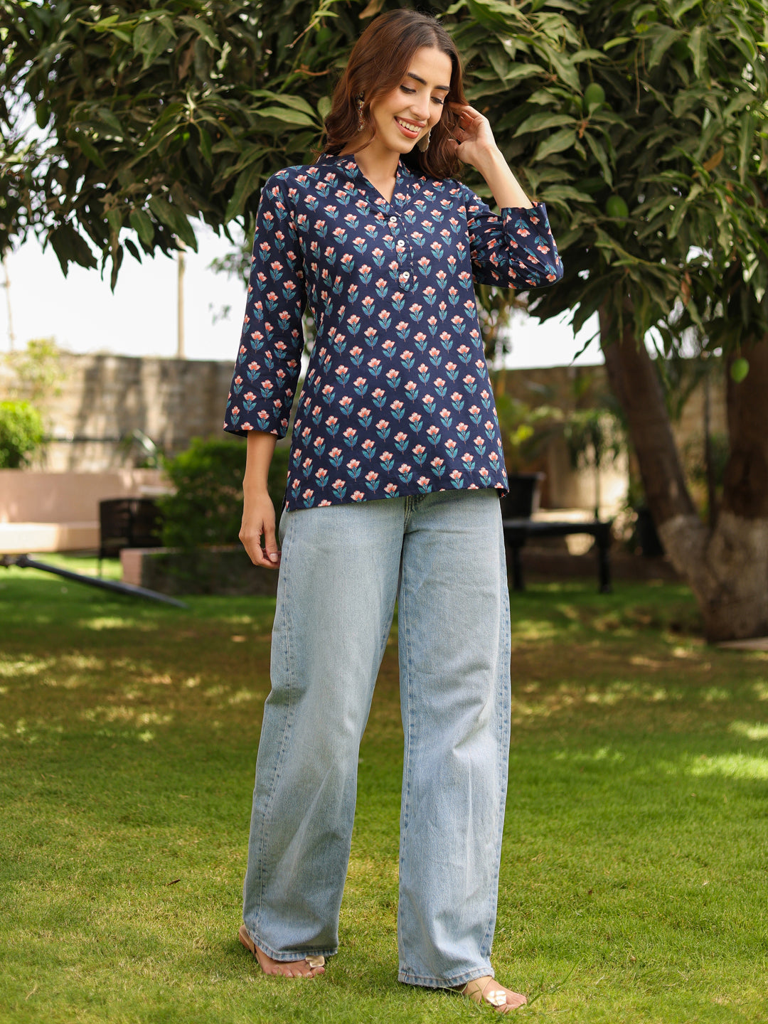 Women Ethnic Motifs Mandarin Collar Pure Cotton Top