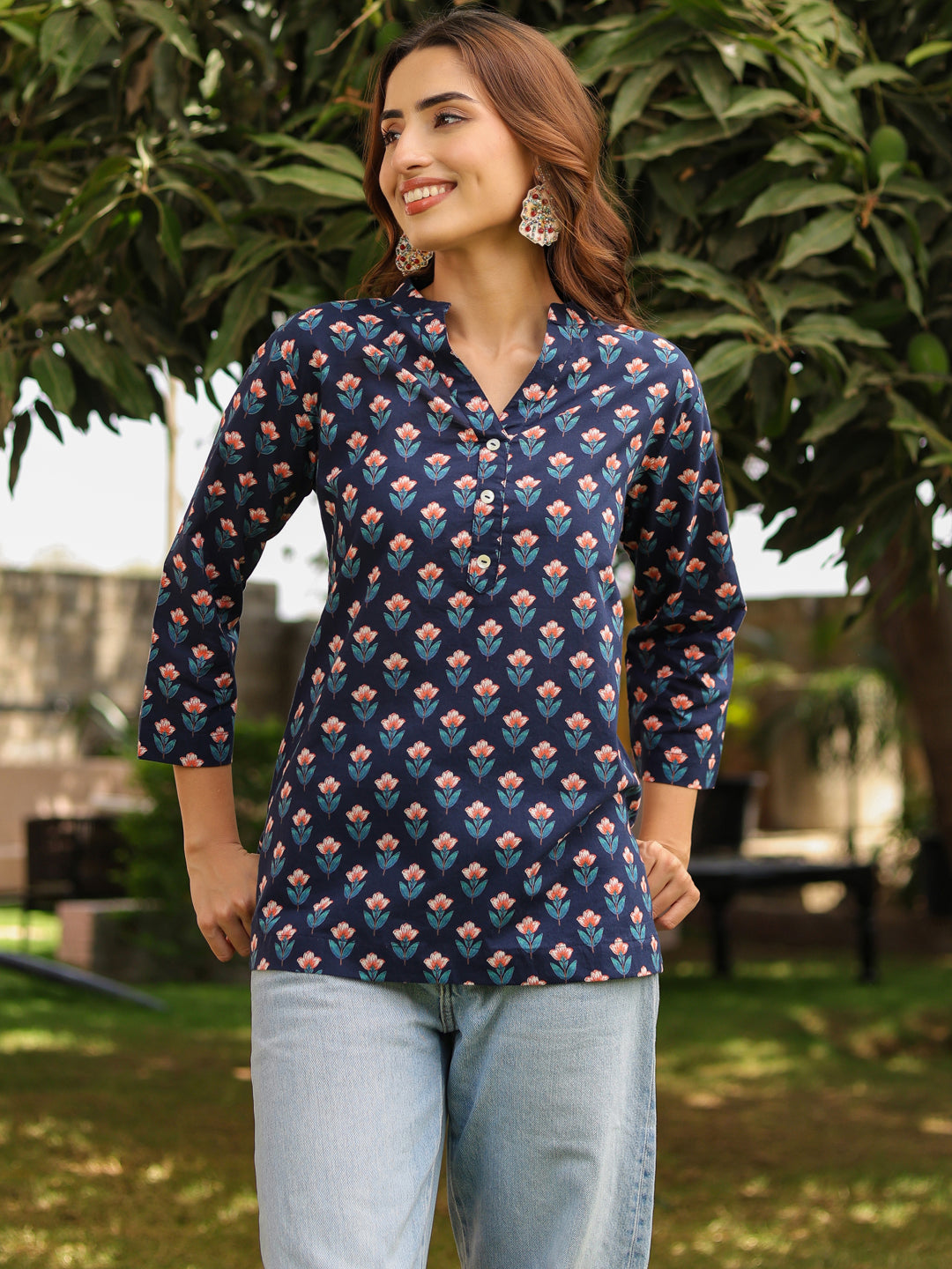 Women Ethnic Motifs Mandarin Collar Pure Cotton Top