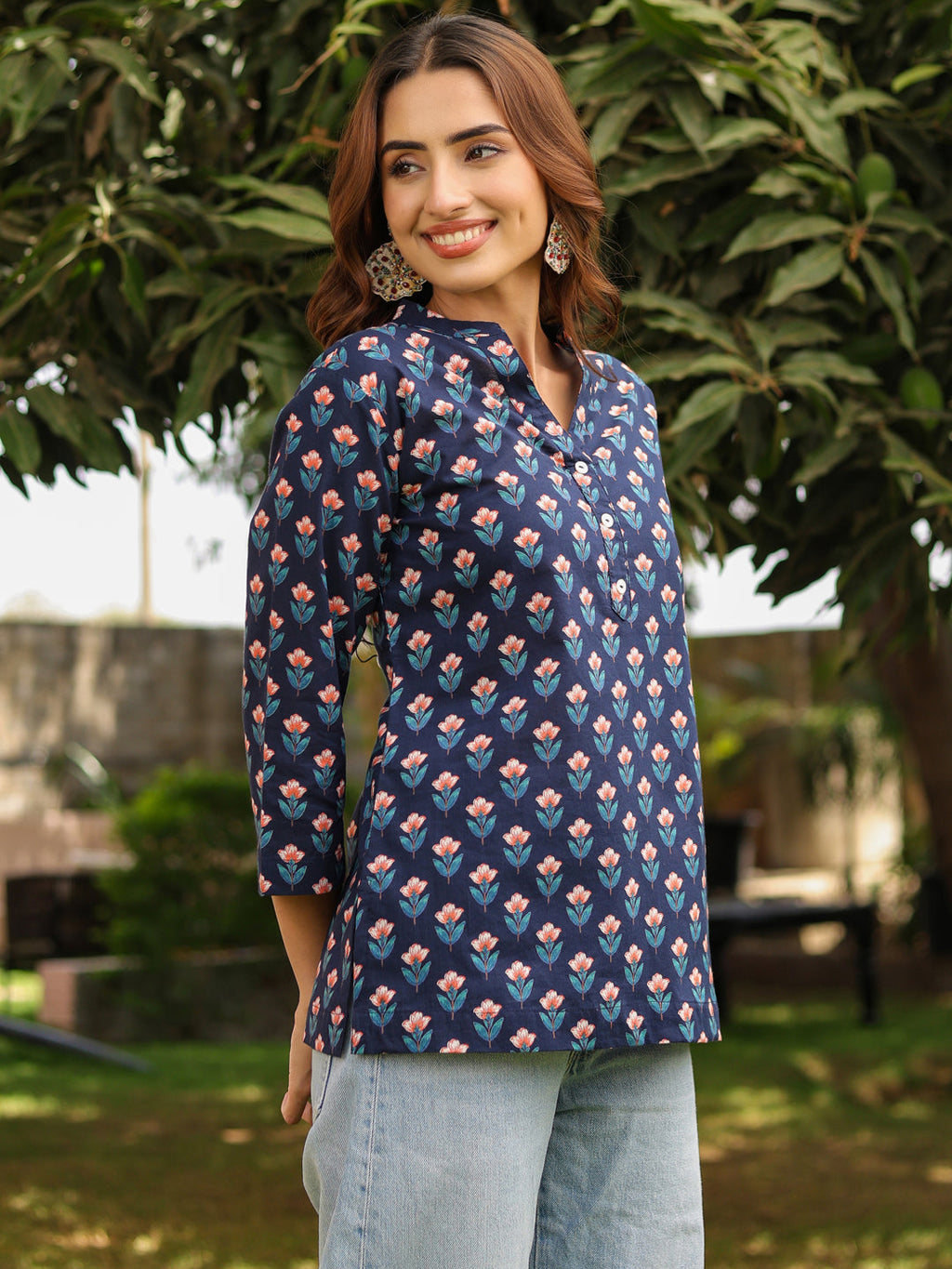 Women Ethnic Motifs Mandarin Collar Pure Cotton Top