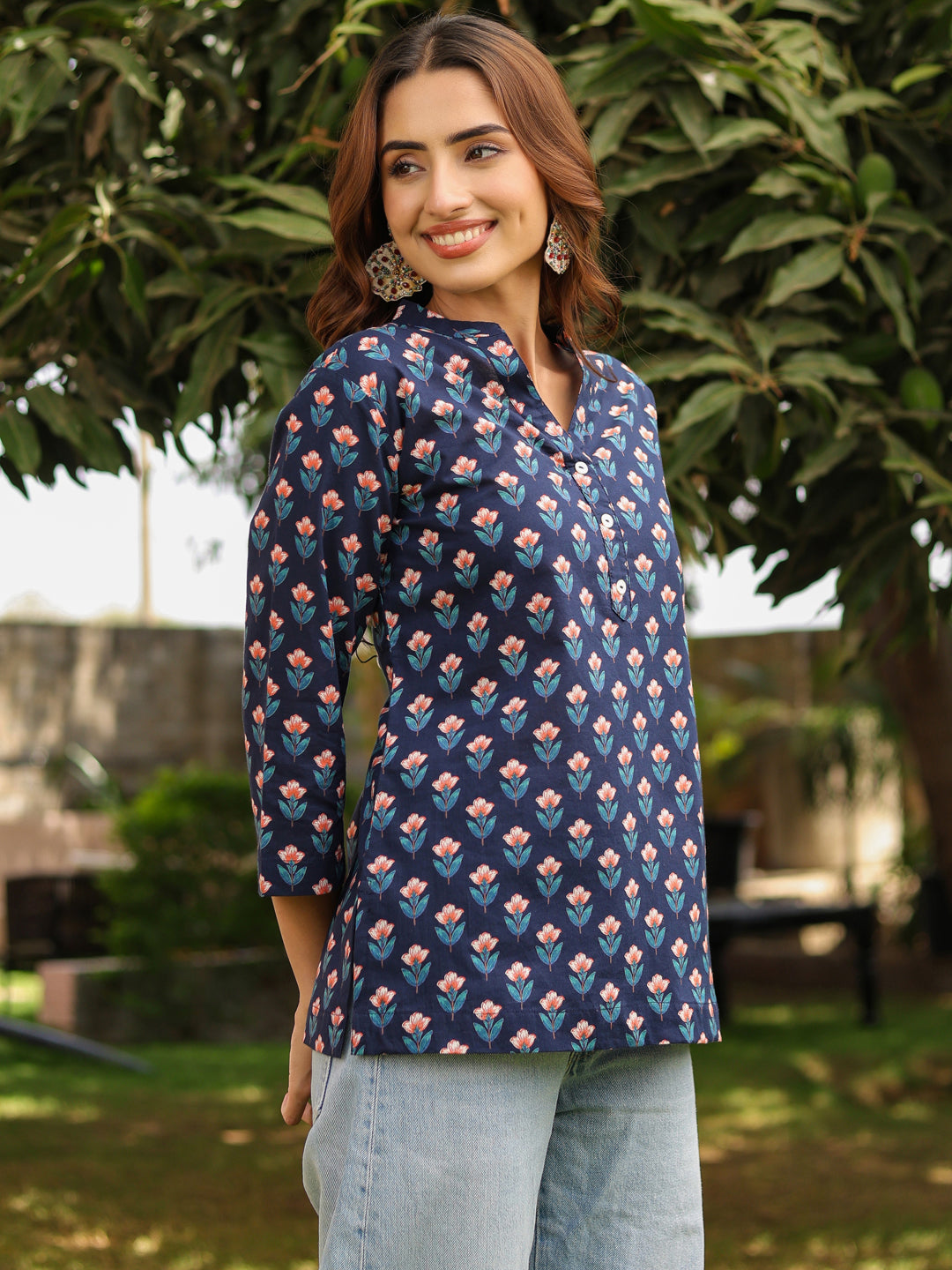 Women Ethnic Motifs Mandarin Collar Pure Cotton Top