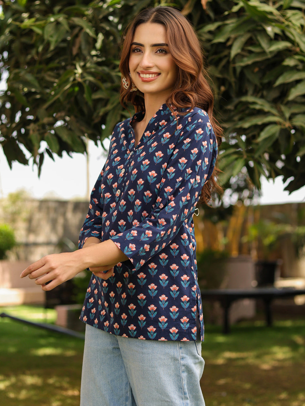 Women Ethnic Motifs Mandarin Collar Pure Cotton Top