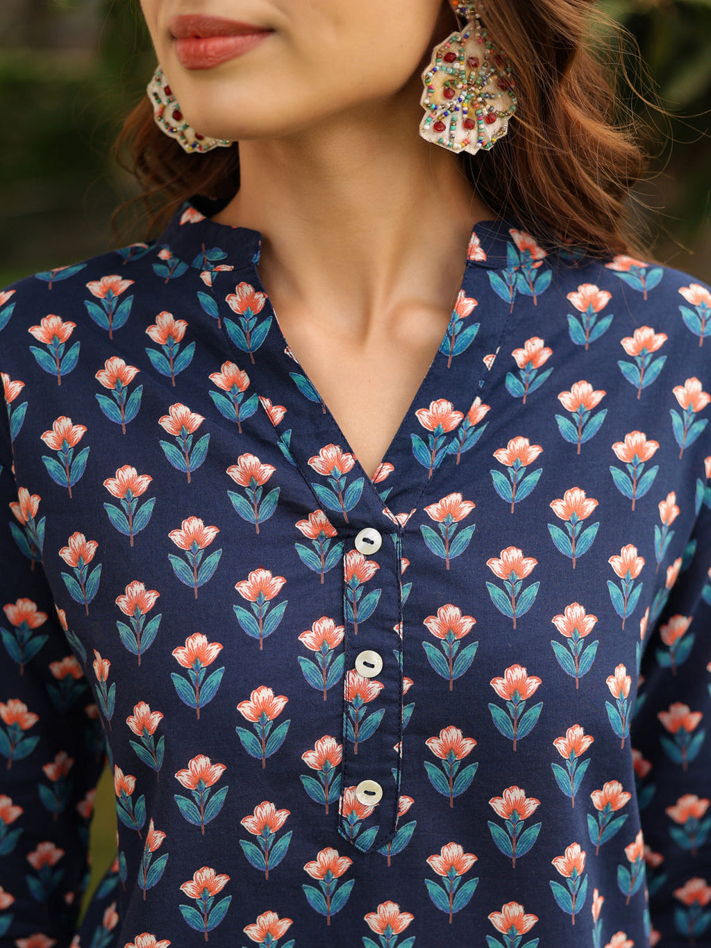 Women Ethnic Motifs Mandarin Collar Pure Cotton Top