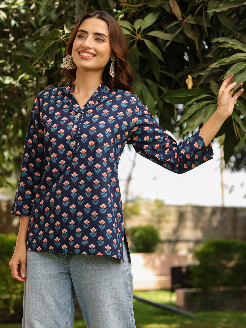 Women Ethnic Motifs Mandarin Collar Pure Cotton Top