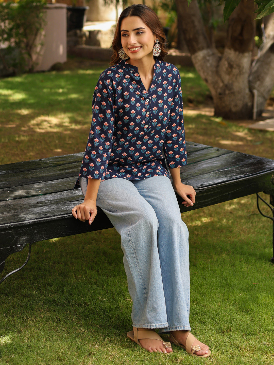Women Ethnic Motifs Mandarin Collar Pure Cotton Top