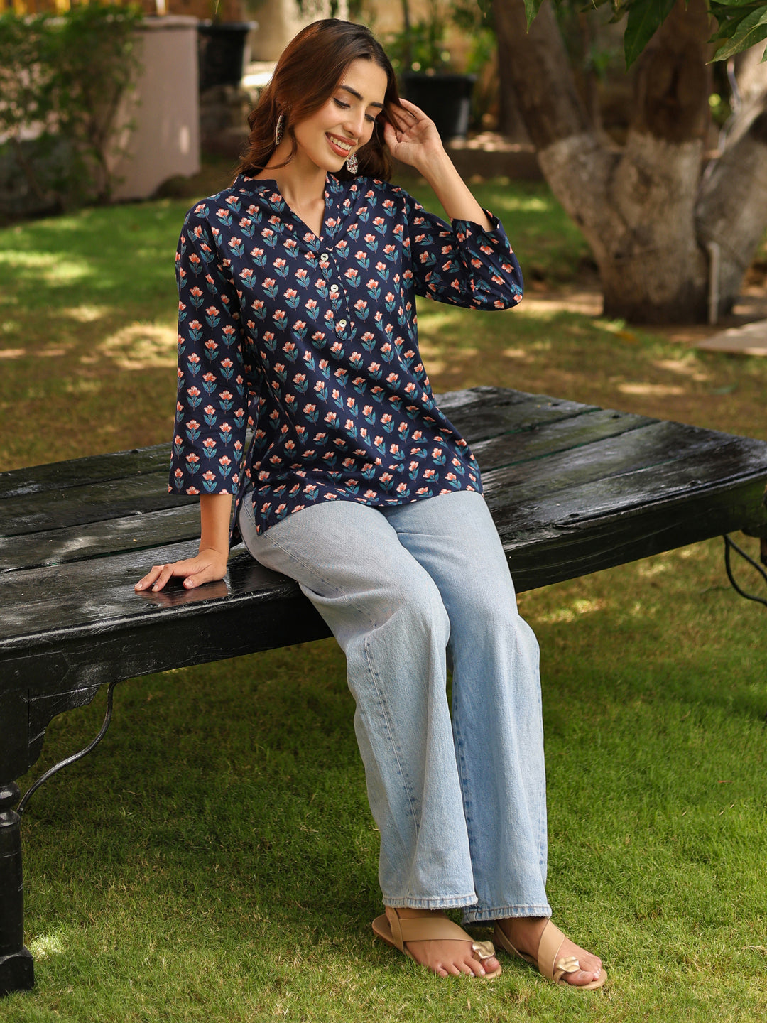 Women Ethnic Motifs Mandarin Collar Pure Cotton Top