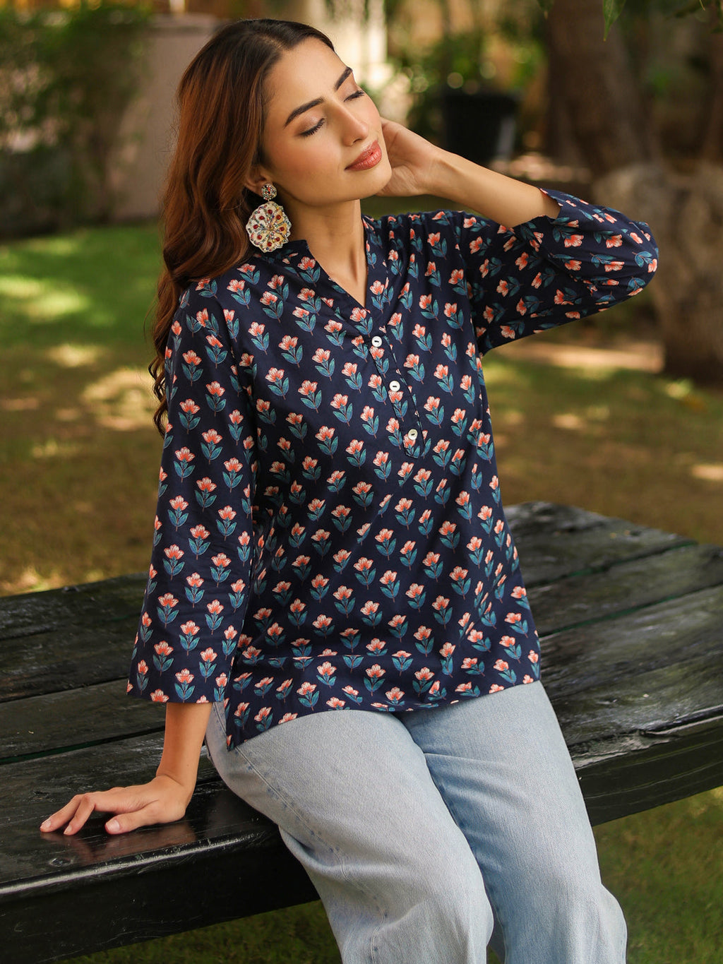 Women Ethnic Motifs Mandarin Collar Pure Cotton Top