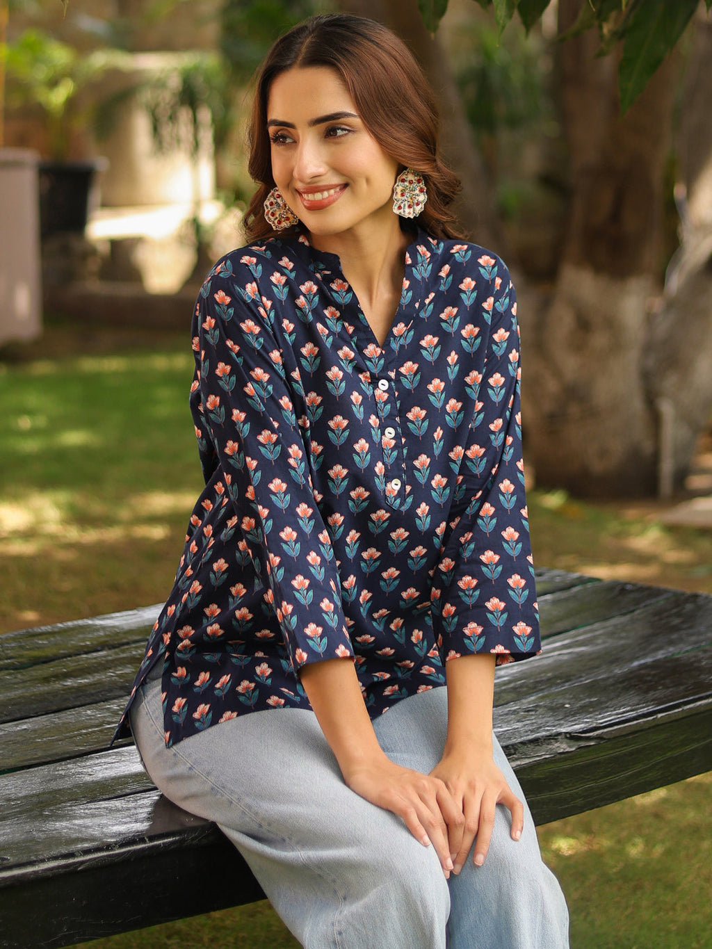 Women Ethnic Motifs Mandarin Collar Pure Cotton Top