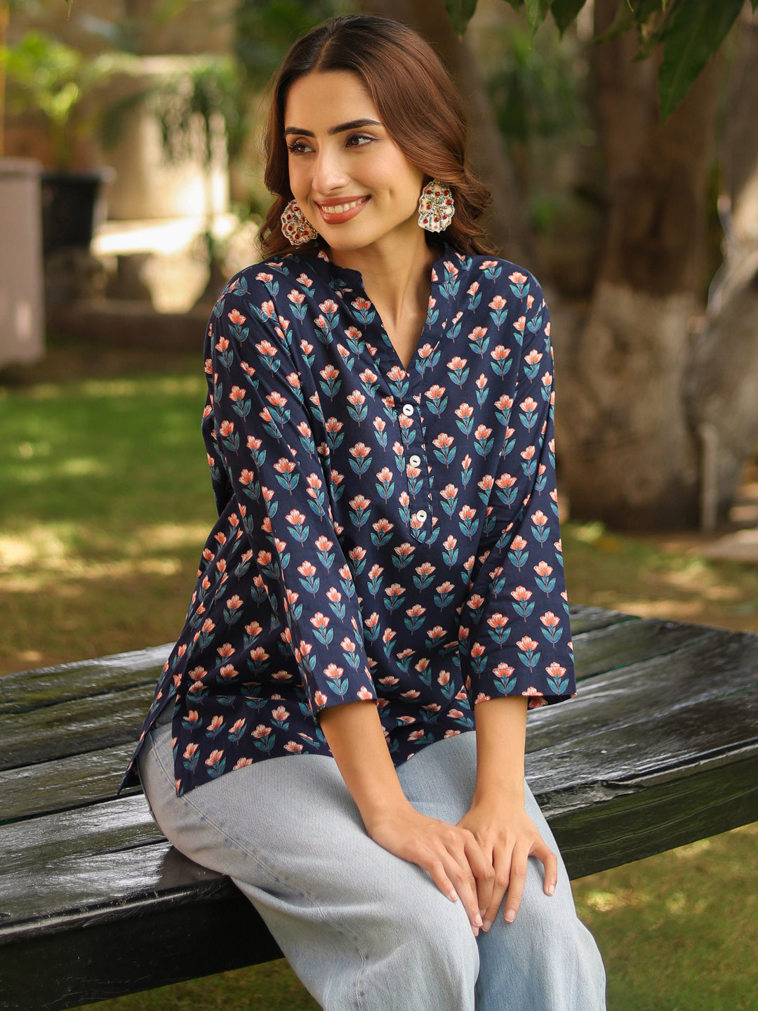 Women Ethnic Motifs Mandarin Collar Pure Cotton Top