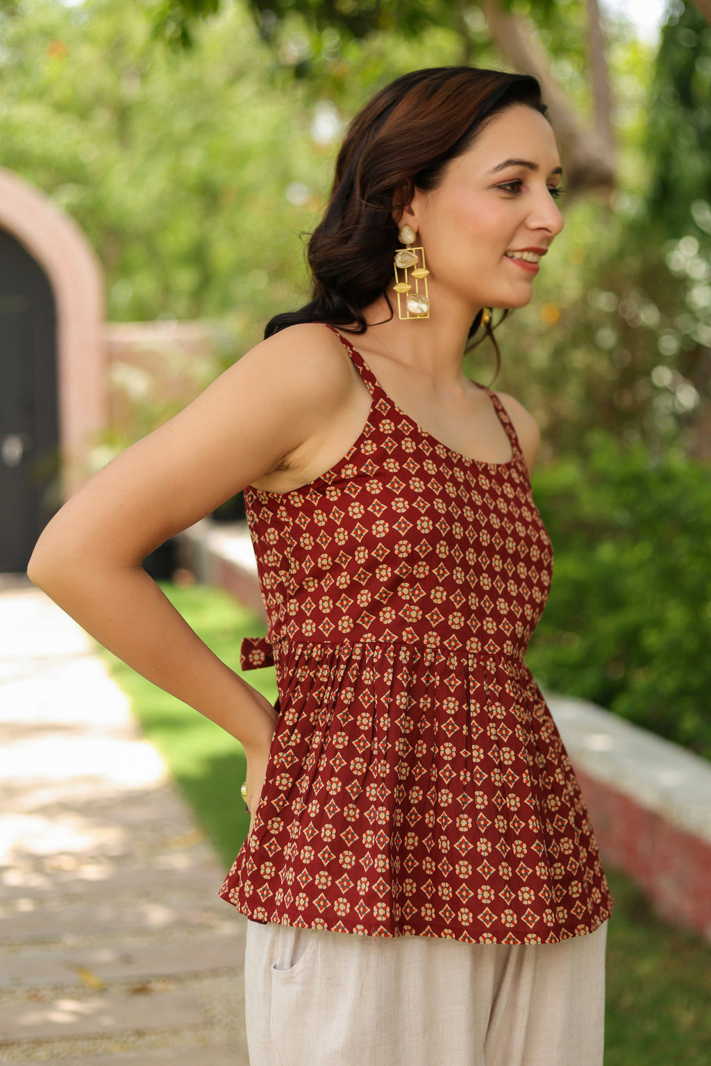 Women Ethnic Motifs Printed Shoulder Straps Peplum Top
