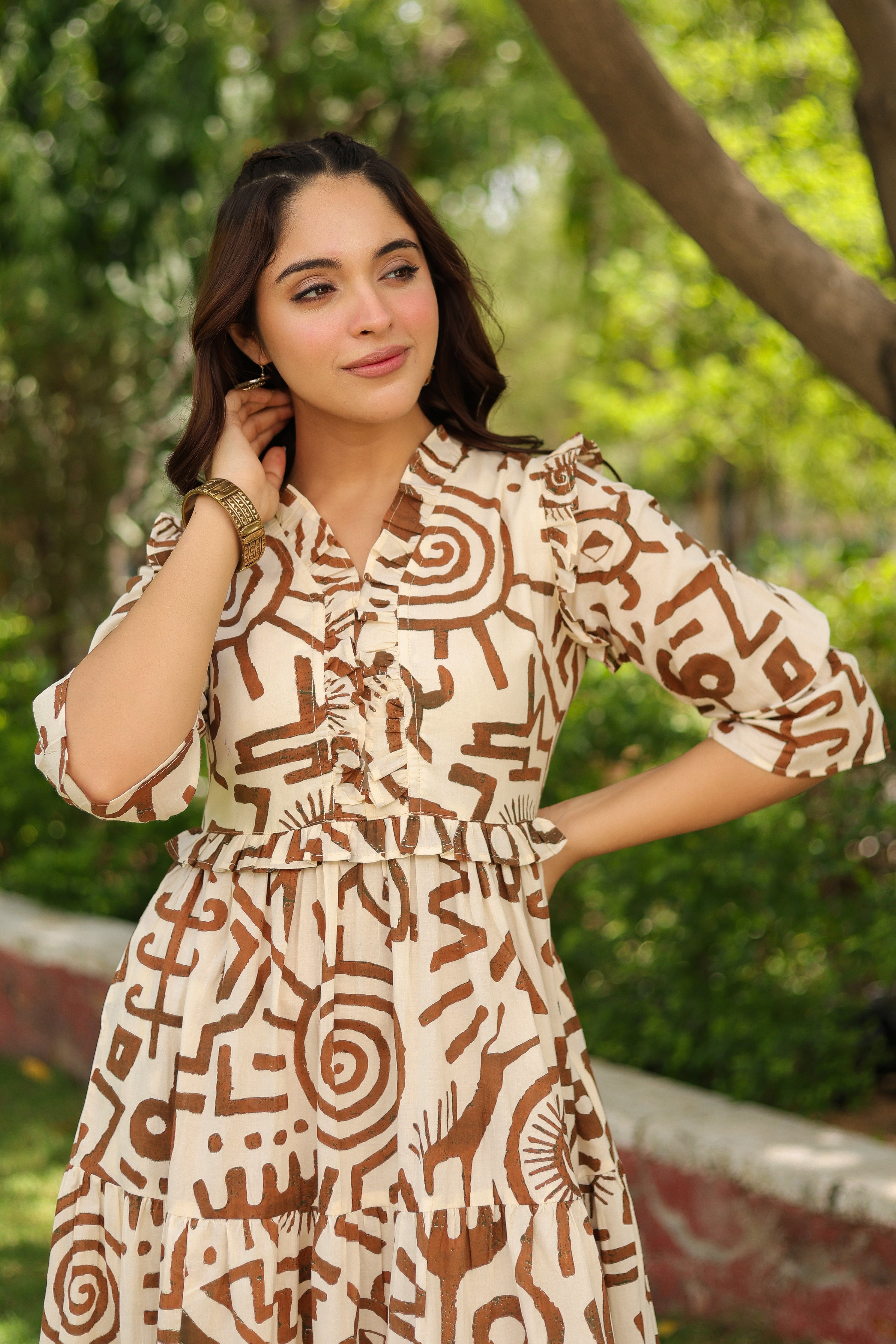 Women Abstract Printed Pure Cotton Tiered Fit & Flare Midi Dress