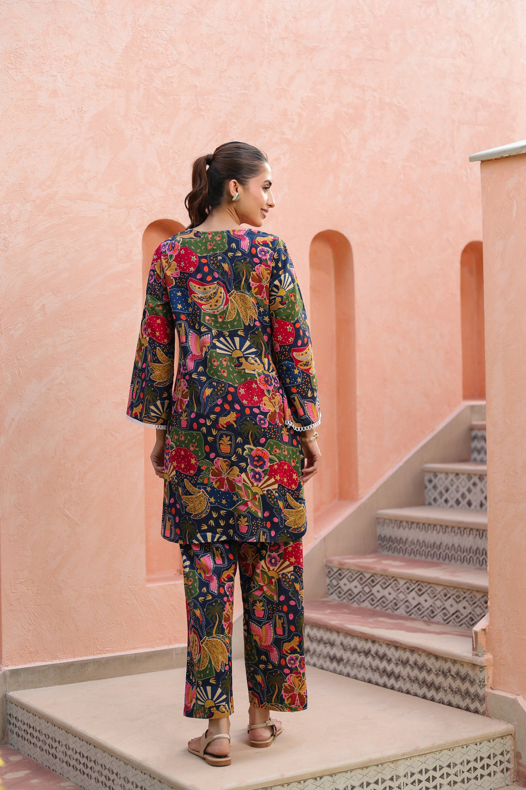 Printed Round Neck Pure Cotton Tunic With Trousers Co-Ords Set