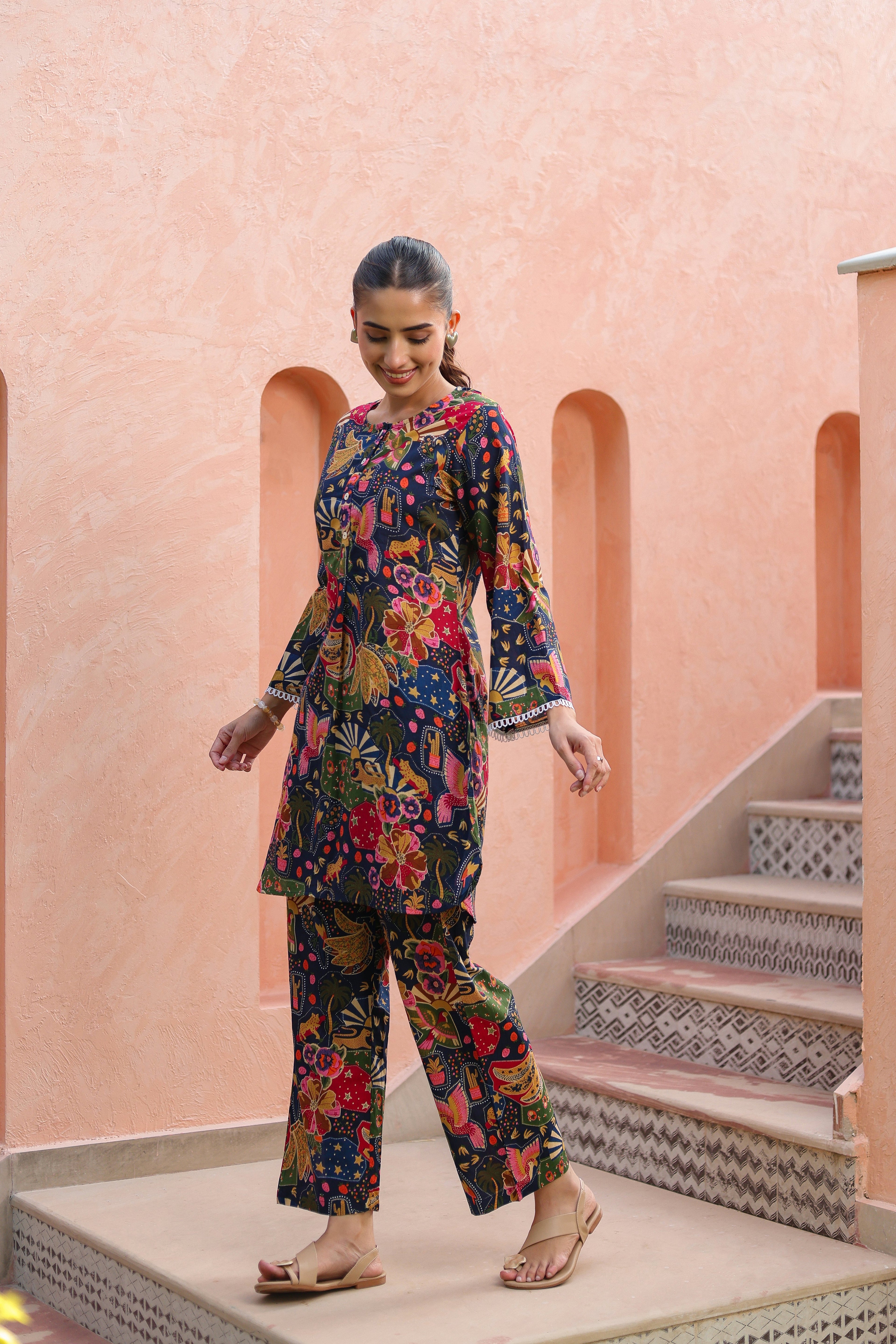 Printed Round Neck Pure Cotton Tunic With Trousers Co-Ords Set