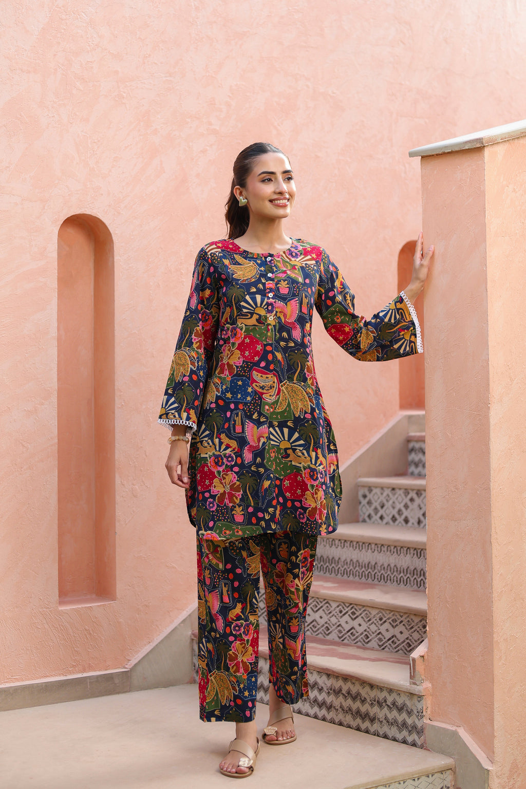 Printed Round Neck Pure Cotton Tunic With Trousers Co-Ords Set