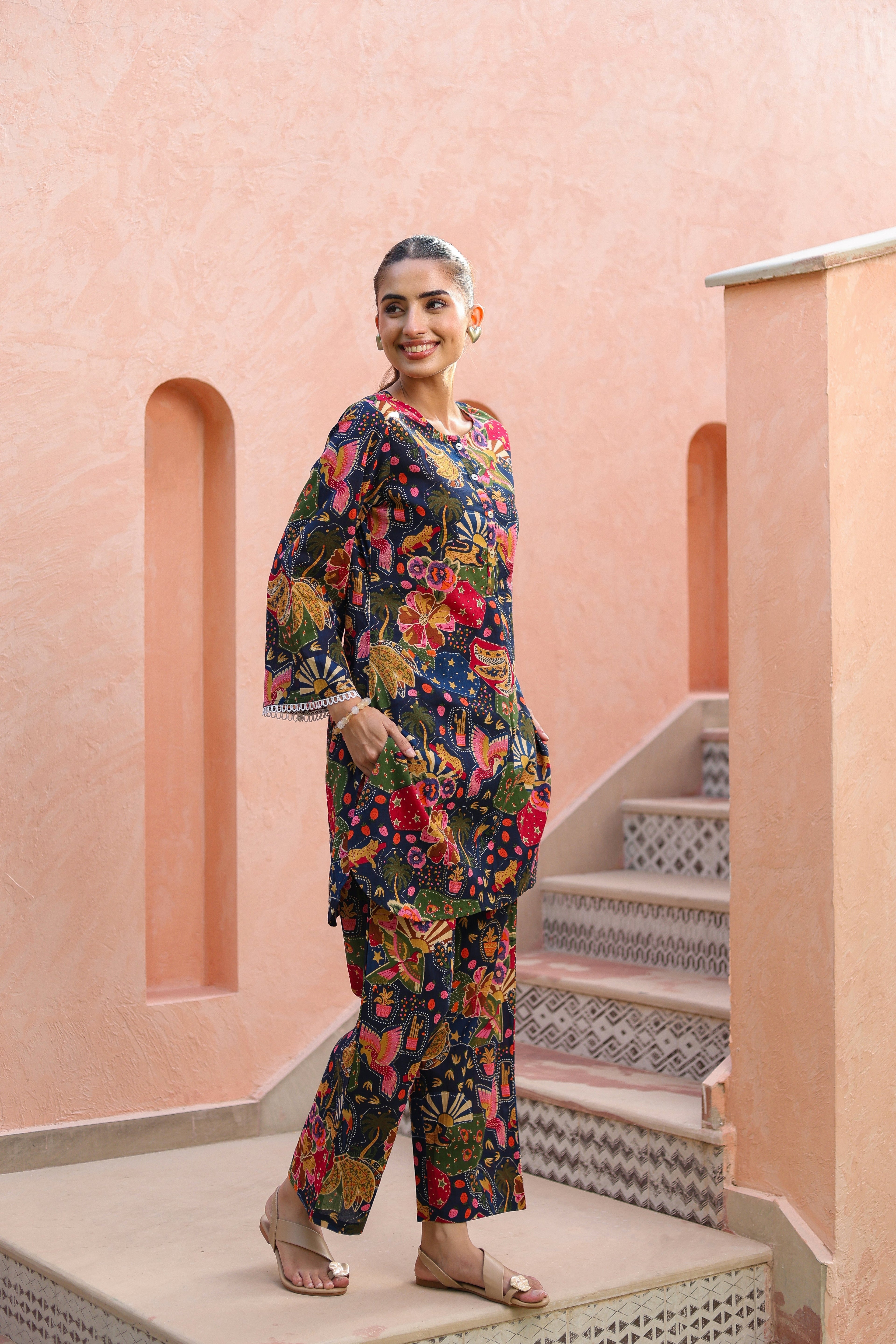 Printed Round Neck Pure Cotton Tunic With Trousers Co-Ords Set