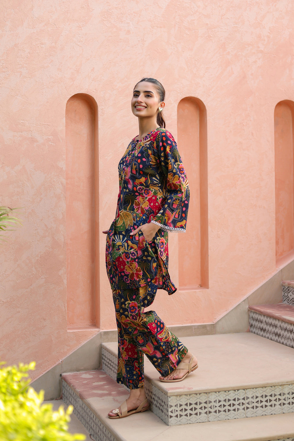 Printed Round Neck Pure Cotton Tunic With Trousers Co-Ords Set