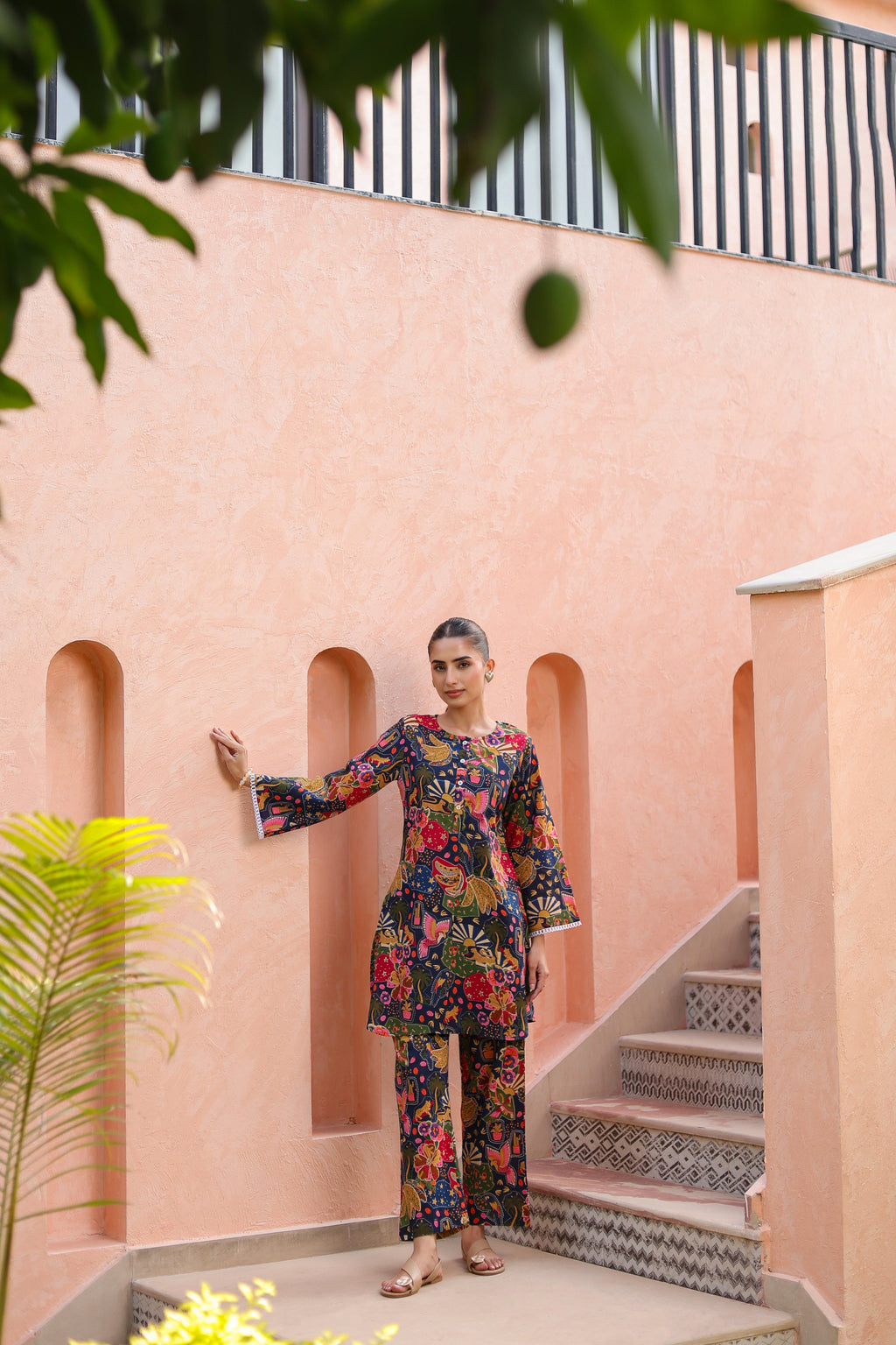 Printed Round Neck Pure Cotton Tunic With Trousers Co-Ords Set