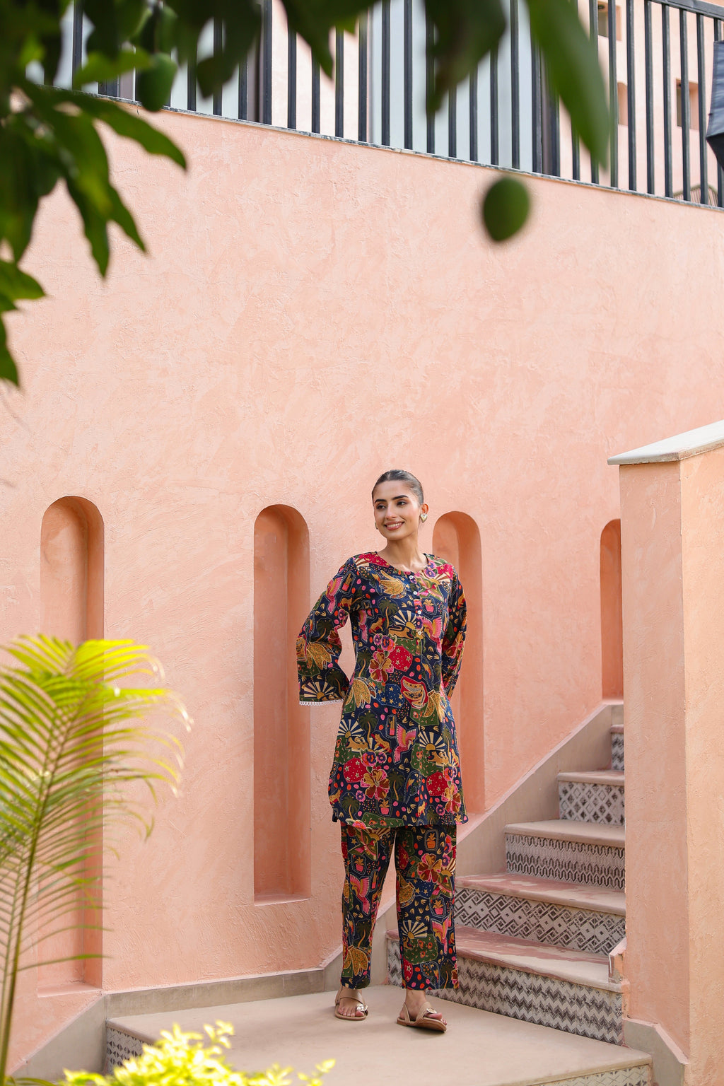 Printed Round Neck Pure Cotton Tunic With Trousers Co-Ords Set