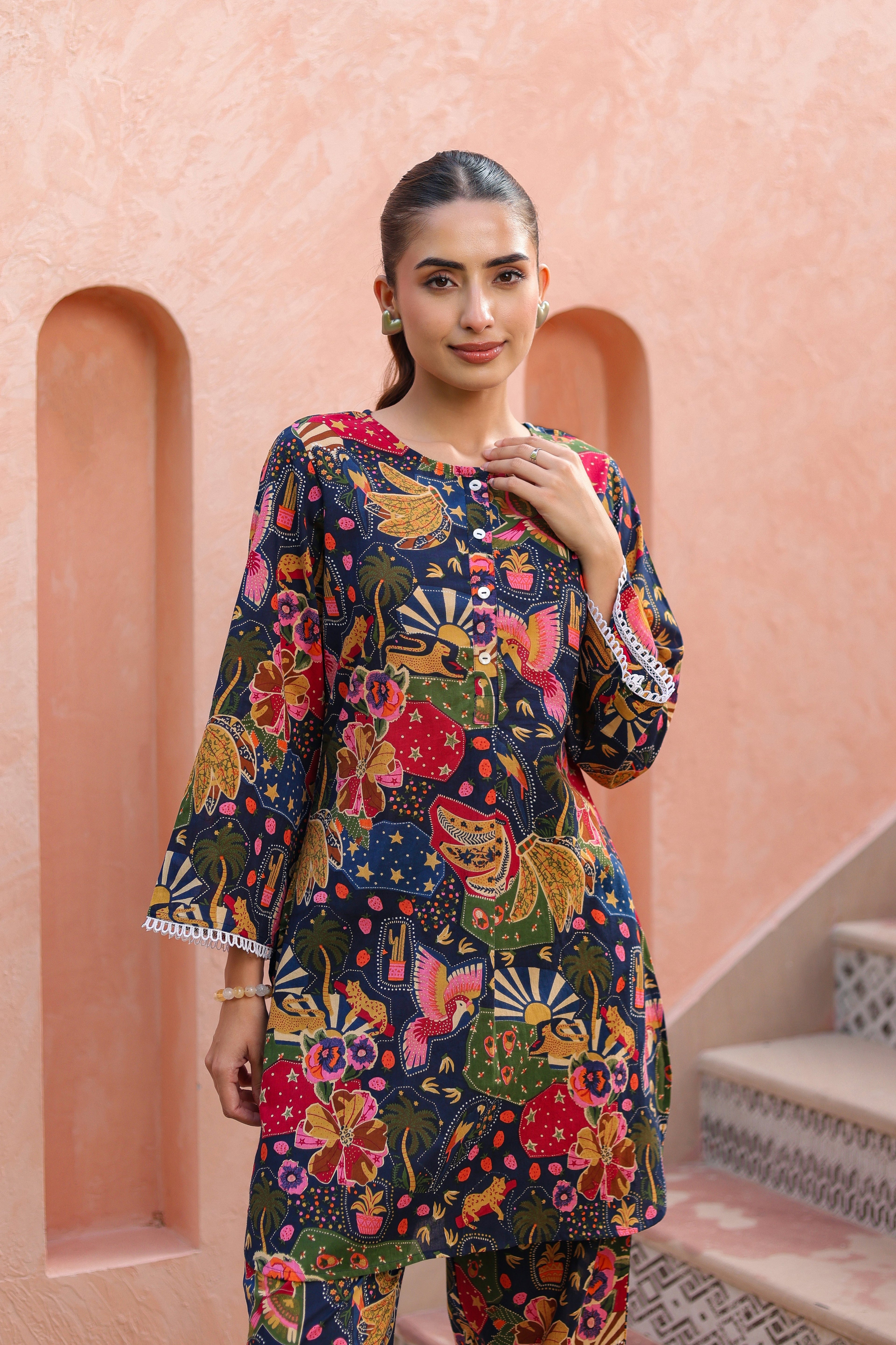 Printed Round Neck Pure Cotton Tunic With Trousers Co-Ords Set