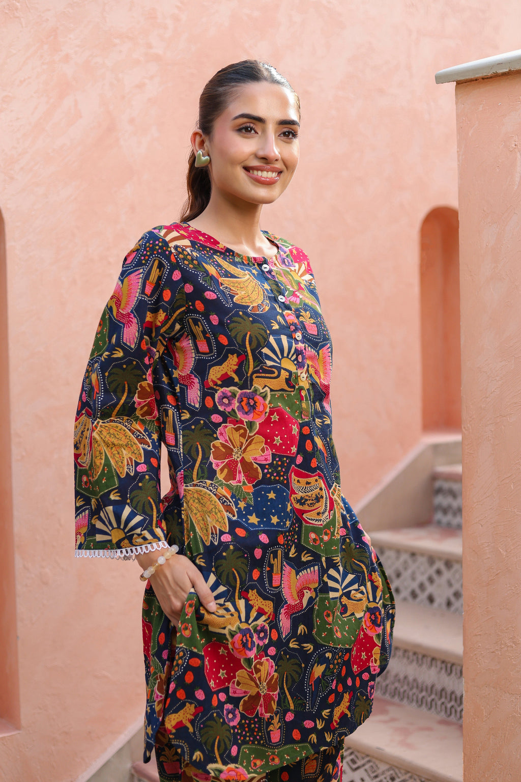 Printed Round Neck Pure Cotton Tunic With Trousers Co-Ords Set