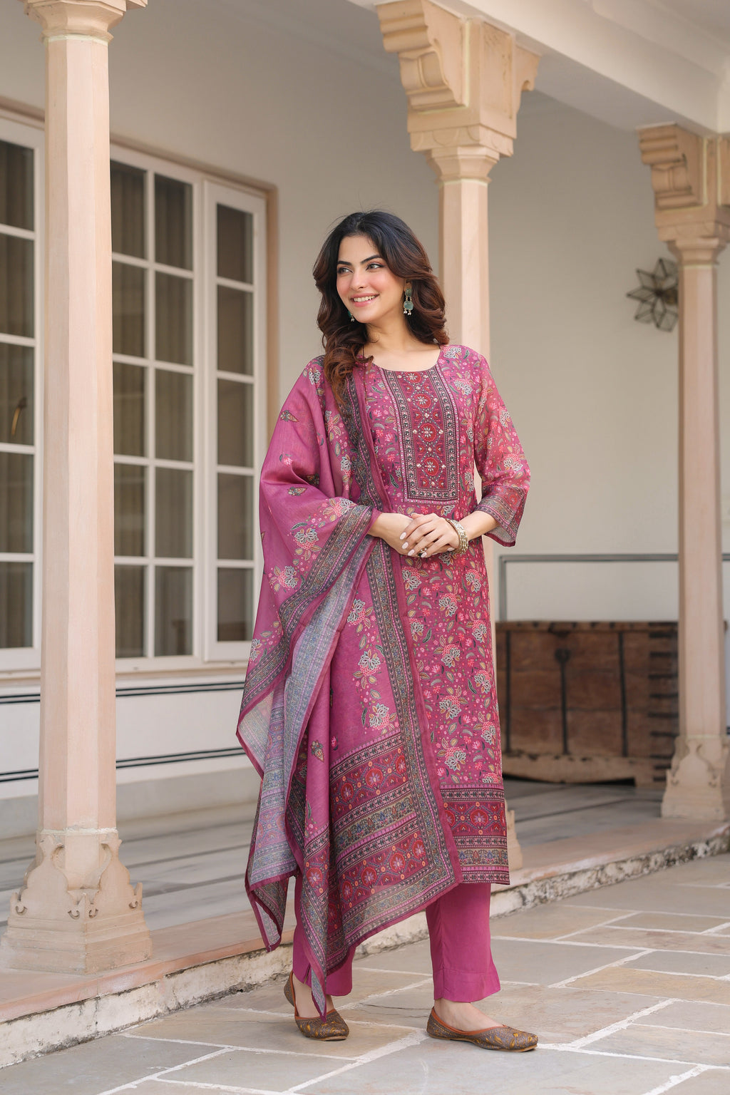 Women Ethnic Motifs Printed Regular Sequinned Chanderi Cotton Kurta with Trousers & With Dupatta