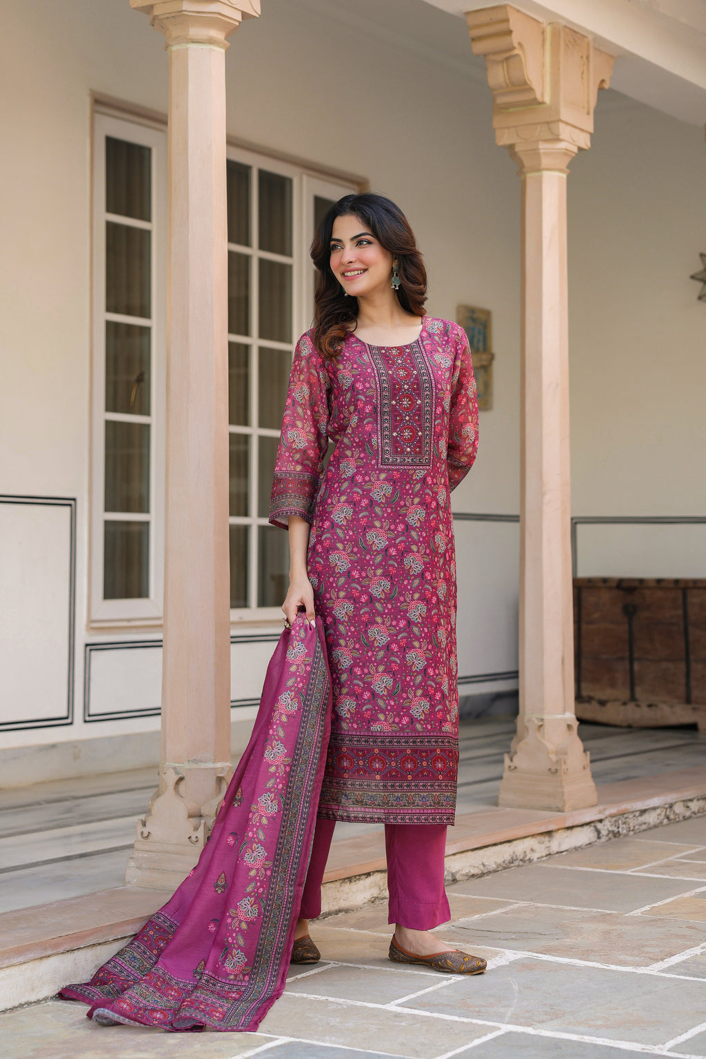 Women Ethnic Motifs Printed Regular Sequinned Chanderi Cotton Kurta with Trousers & With Dupatta