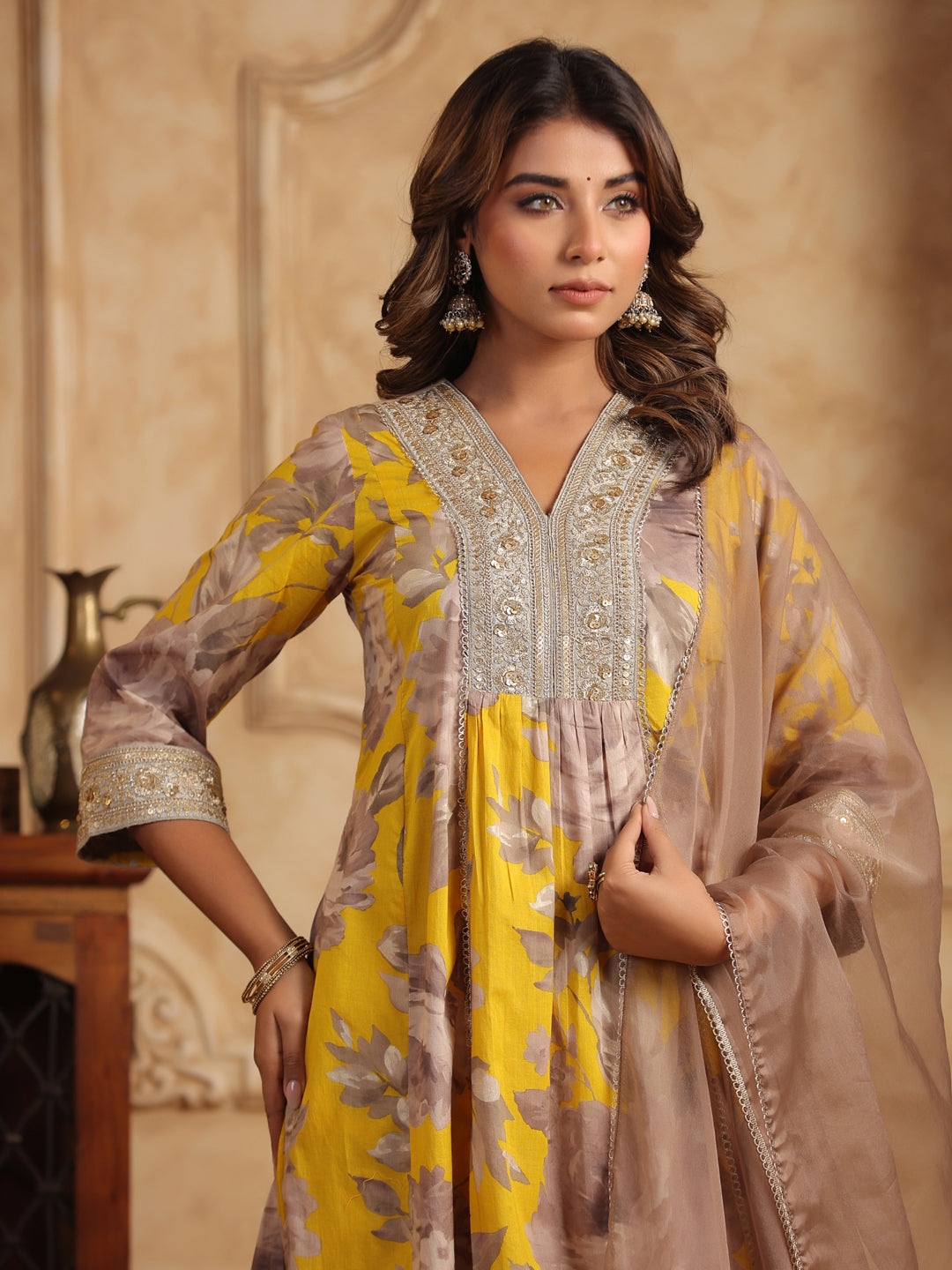 Mustard Floral Sequinned Cotton Anarkali Set
