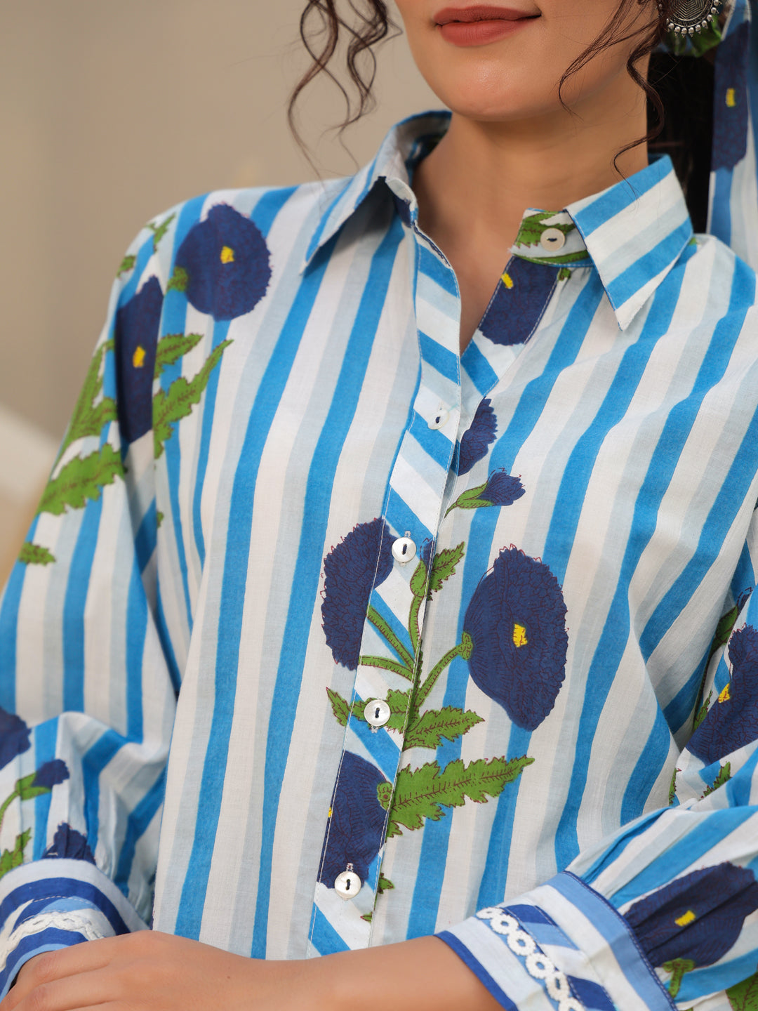 Printed Pure Cotton Shirt Collar Neck Shirt & Trouser Co-Ords