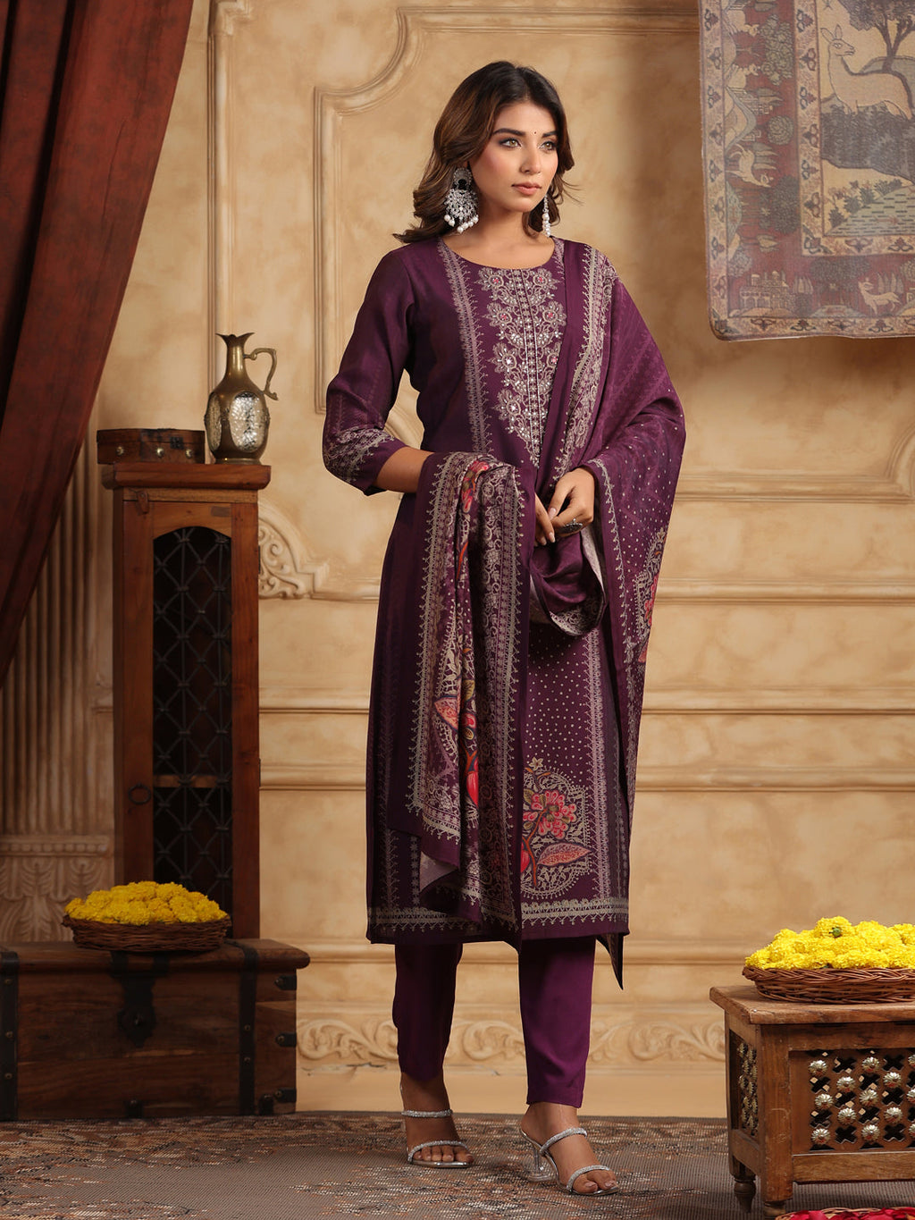 Printed Beads and Stones Straight Kurta with Trousers & Dupatta