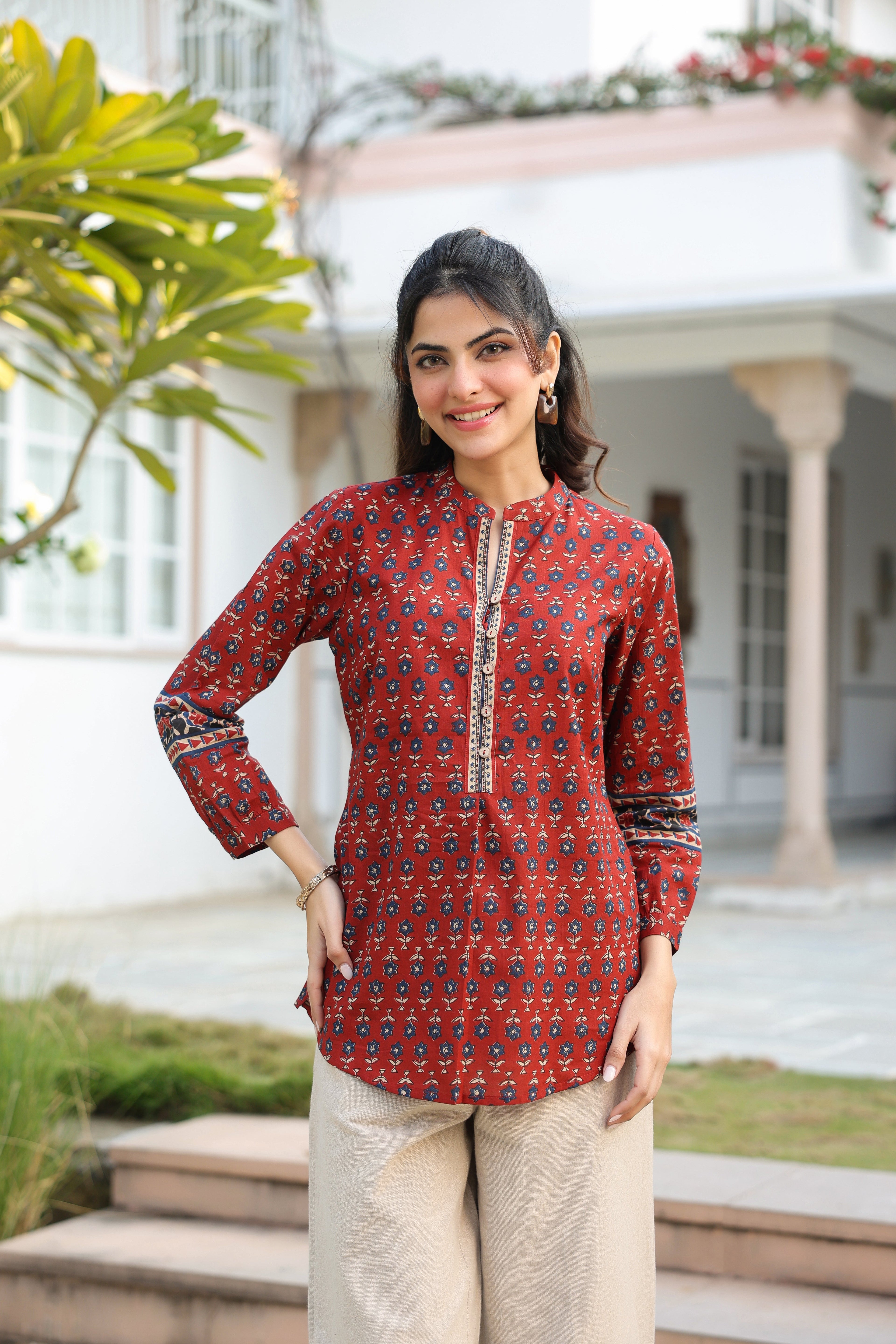 Print Mandarin Collar Cotton Top