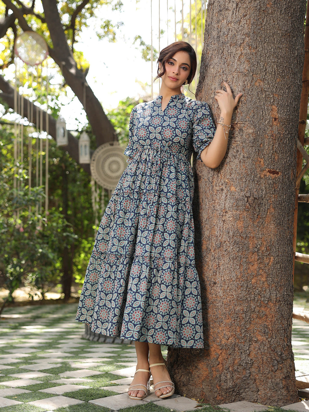 Women Blue Ethinc Motifs Printed Tiered Pure Cotton A-line Midi Dress