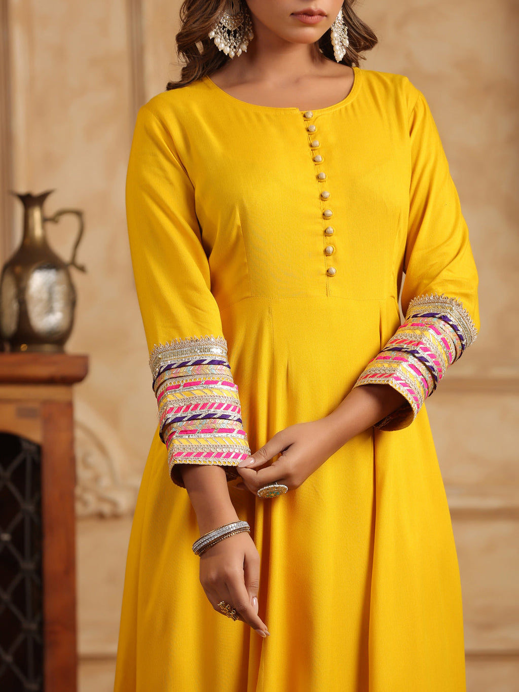 Mustard Gotta Patti Anarkali Kurta Set with Dupatta