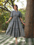 Women Blue Ethinc Motifs Printed Tiered Pure Cotton A-line Midi Dress