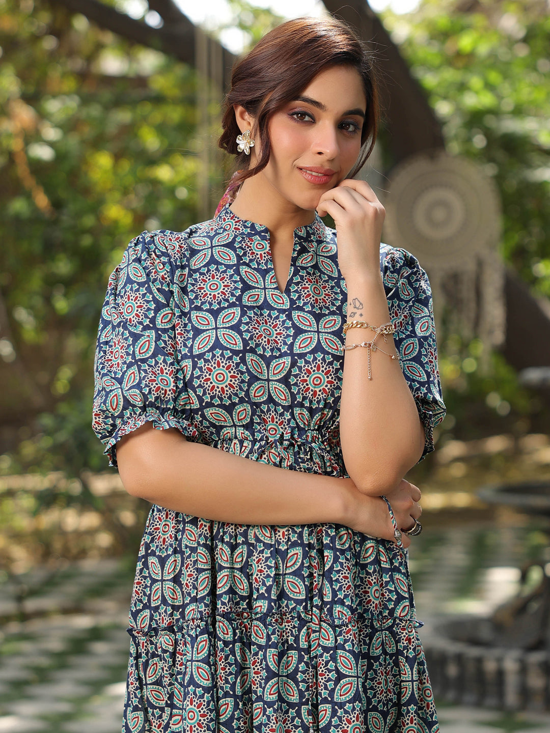 Women Blue Ethinc Motifs Printed Tiered Pure Cotton A-line Midi Dress