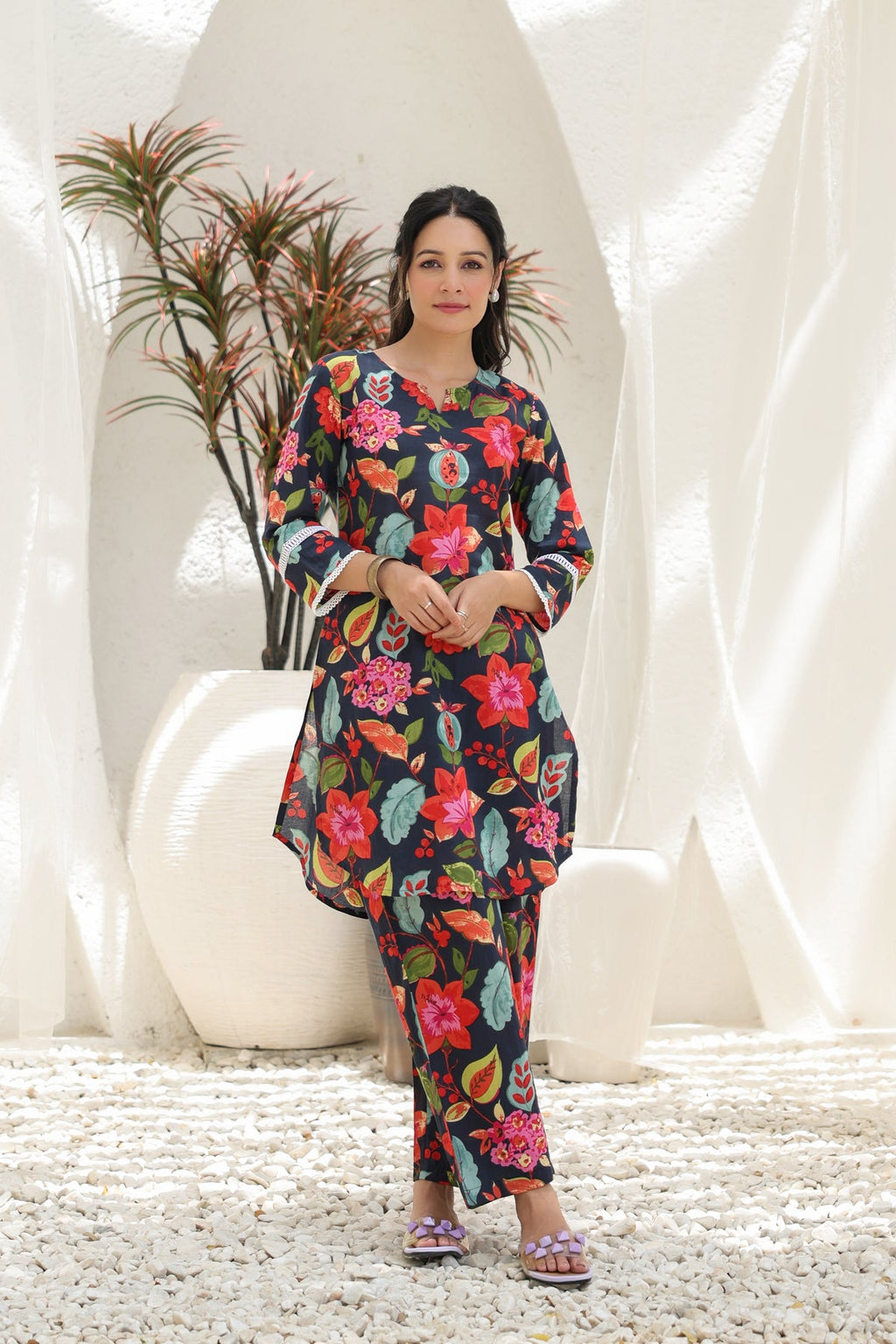 Printed Pure Cotton Notch Neck Tunic With Trouser