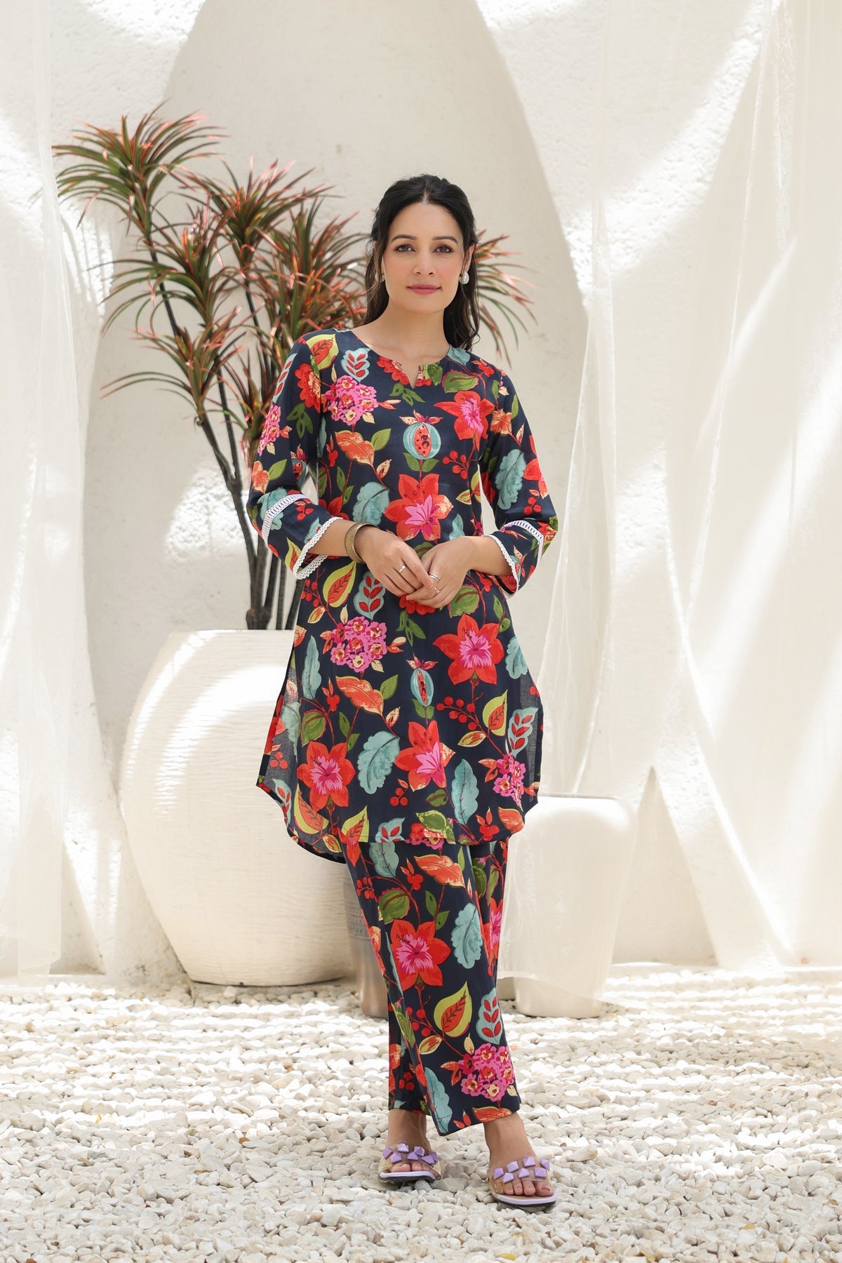 Printed Pure Cotton Notch Neck Tunic With Trouser