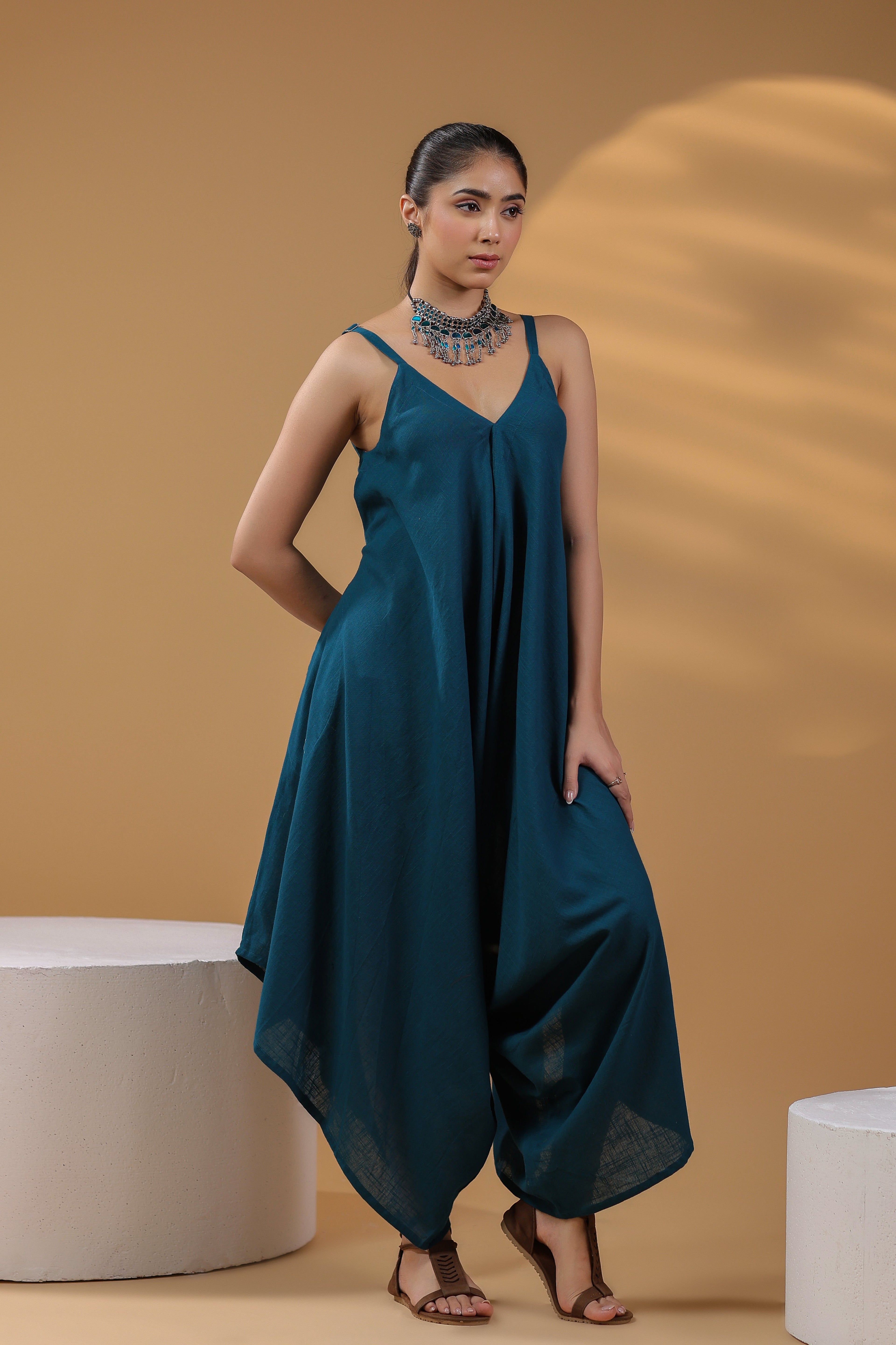 Women Shoulder Straps Cotton Basic Jumpsuit