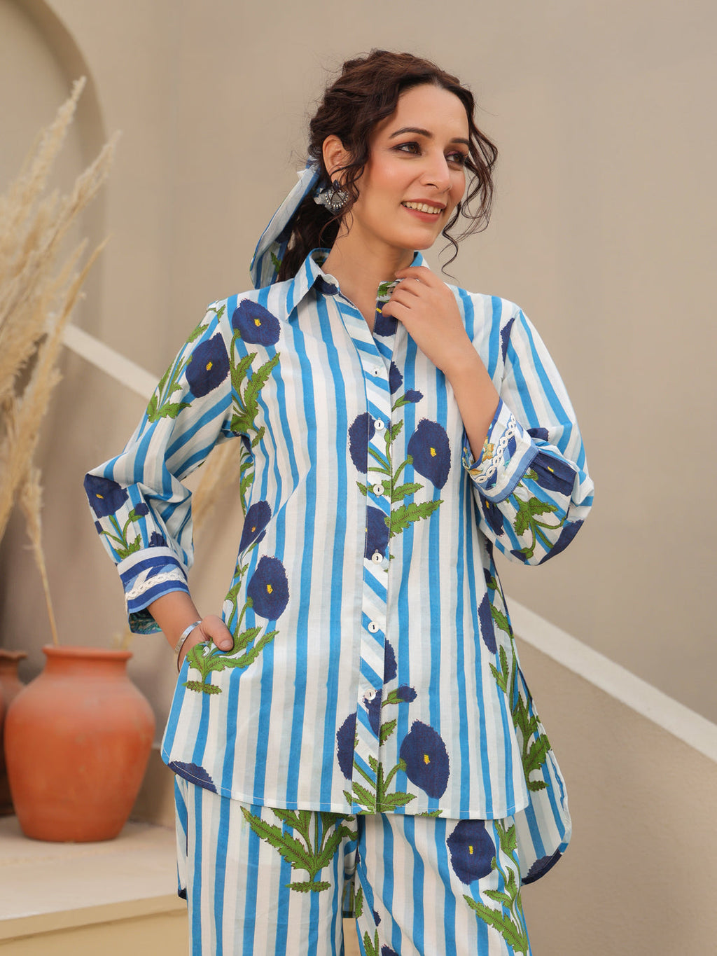 Printed Pure Cotton Shirt Collar Neck Shirt & Trouser Co-Ords