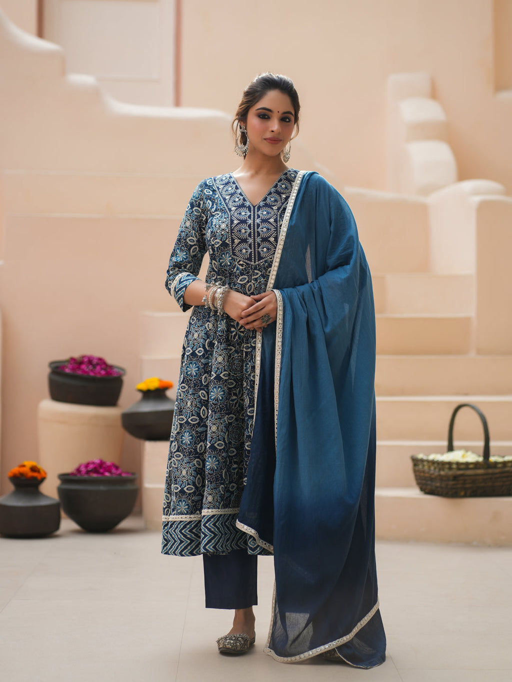 Women Floral Printed Cotton Kurta with Trousers & Dupatta