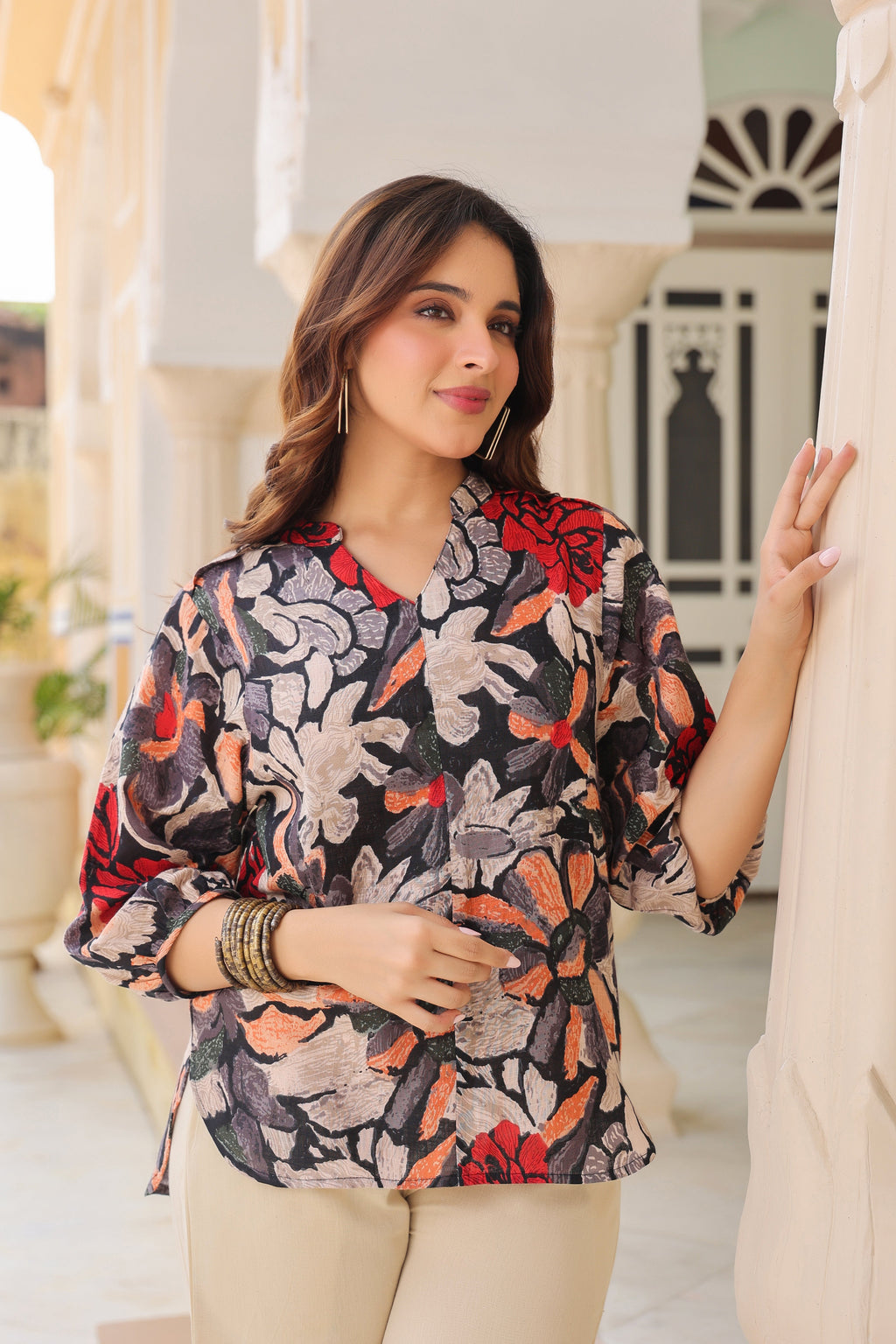Printed Mandarin Collar Top & Trousers Co-Ords
